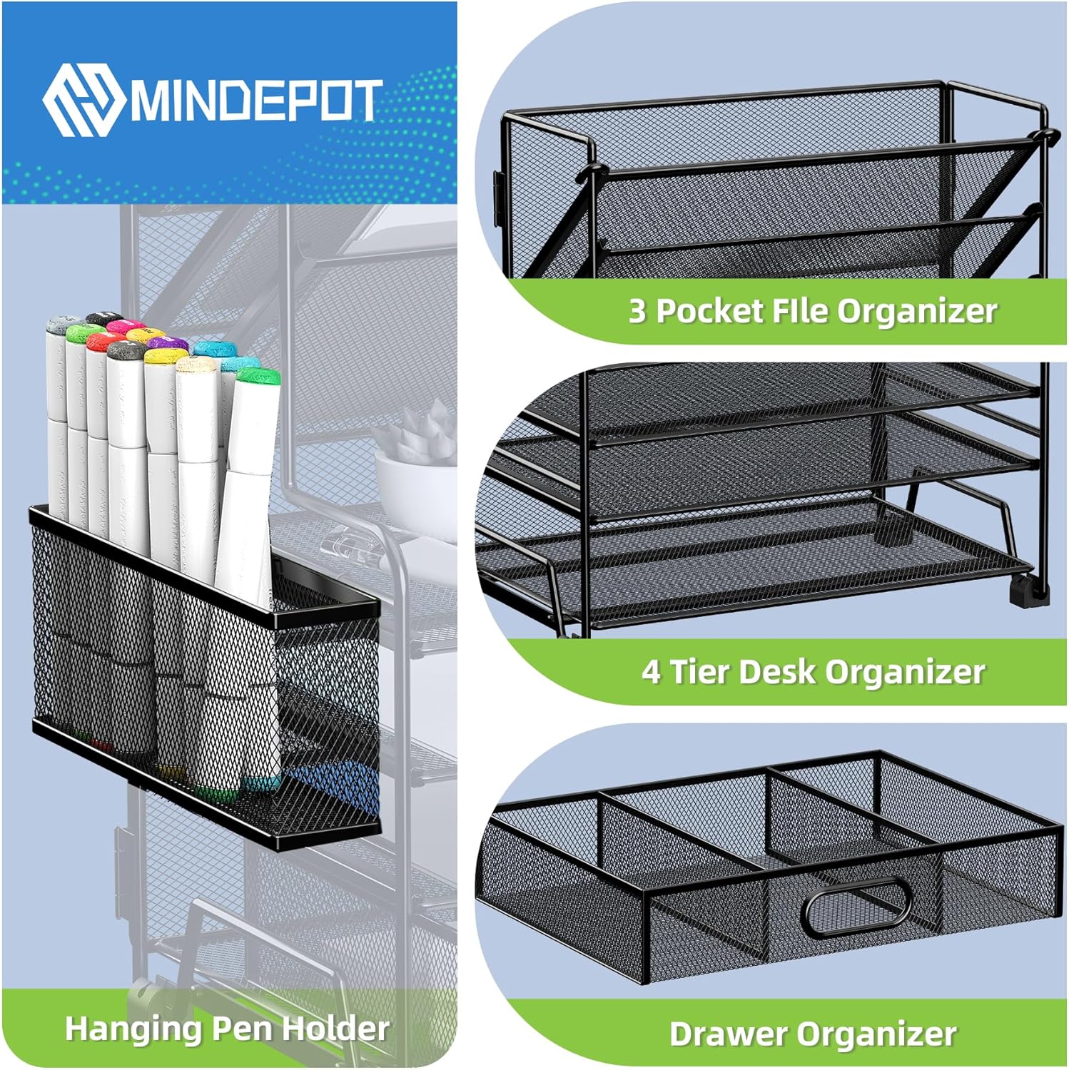 MINDEPOT 4-Tier Paper Organizer + 3-Pocket File Holder, Desktop File Organizers Paper Tray for Office School Classroom Workspace Organization (Black Desk Organizer)