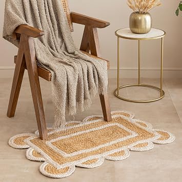 HOMEMONDE Scalloped Natural Jute Area Rug | Handwoven Reversible Boho Farmhouse Doormat for Entryway, Kitchen & Bathroom | 2 x 3 | Natural