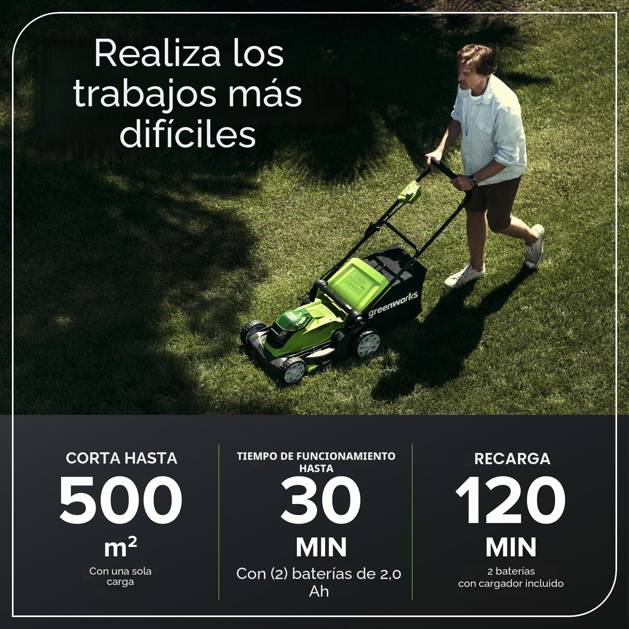 Greenworks G40LM41K2X Cortacésped de Batería para Céspedes de Hasta 500 m², Ancho de Corte 41 cm, Bolsa de 50L MÁS Dos Baterías de 40V 2Ah y Un Cargador, Garantía de 3 Años