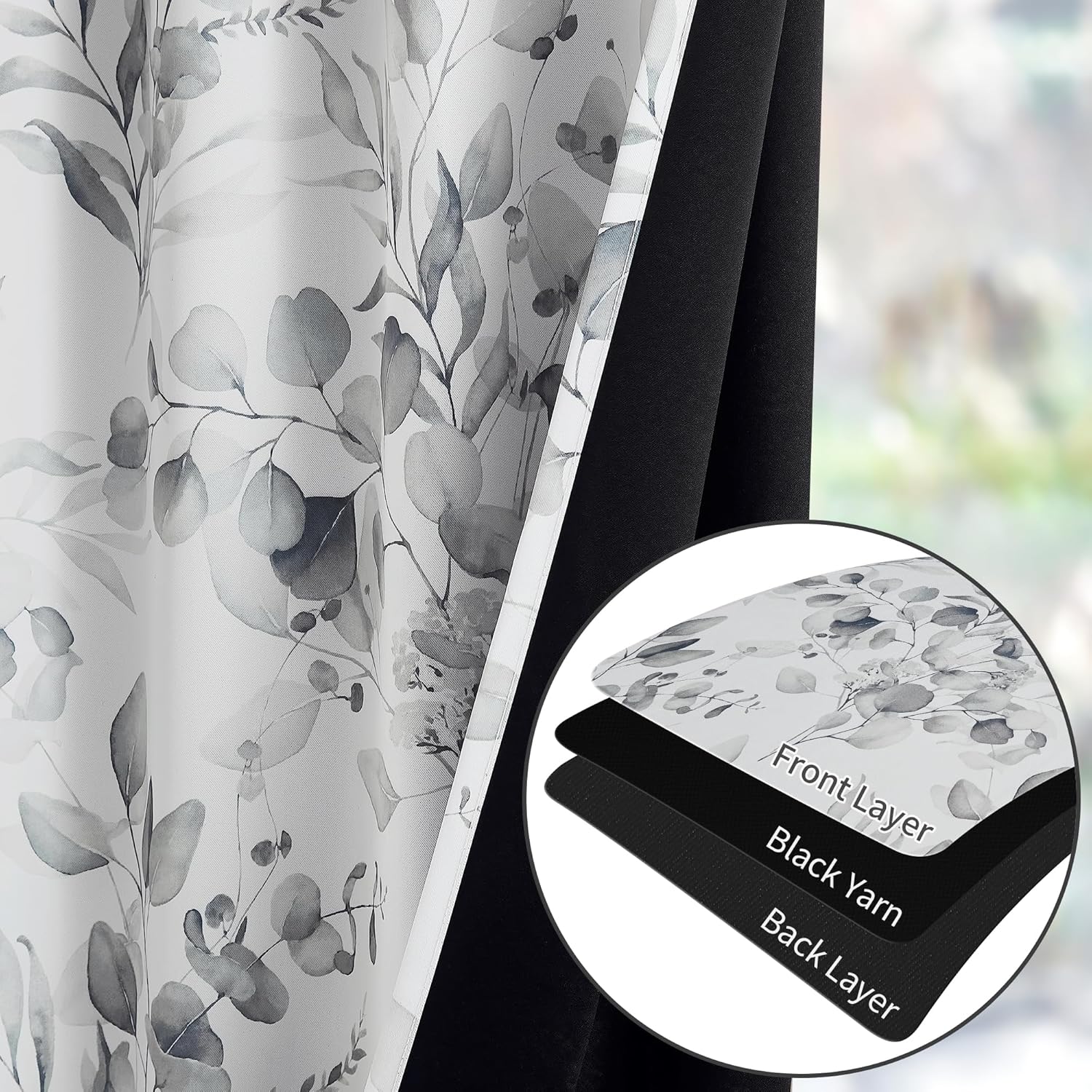 100% Blackout Curtains Grey Floral Pattern Curtains 63 Inches Long for Bedroom Watercolor Leaf Print Thermal Insulated Drapes for Living Room Darkening Rod Pocket Window Curtains 2 Panels