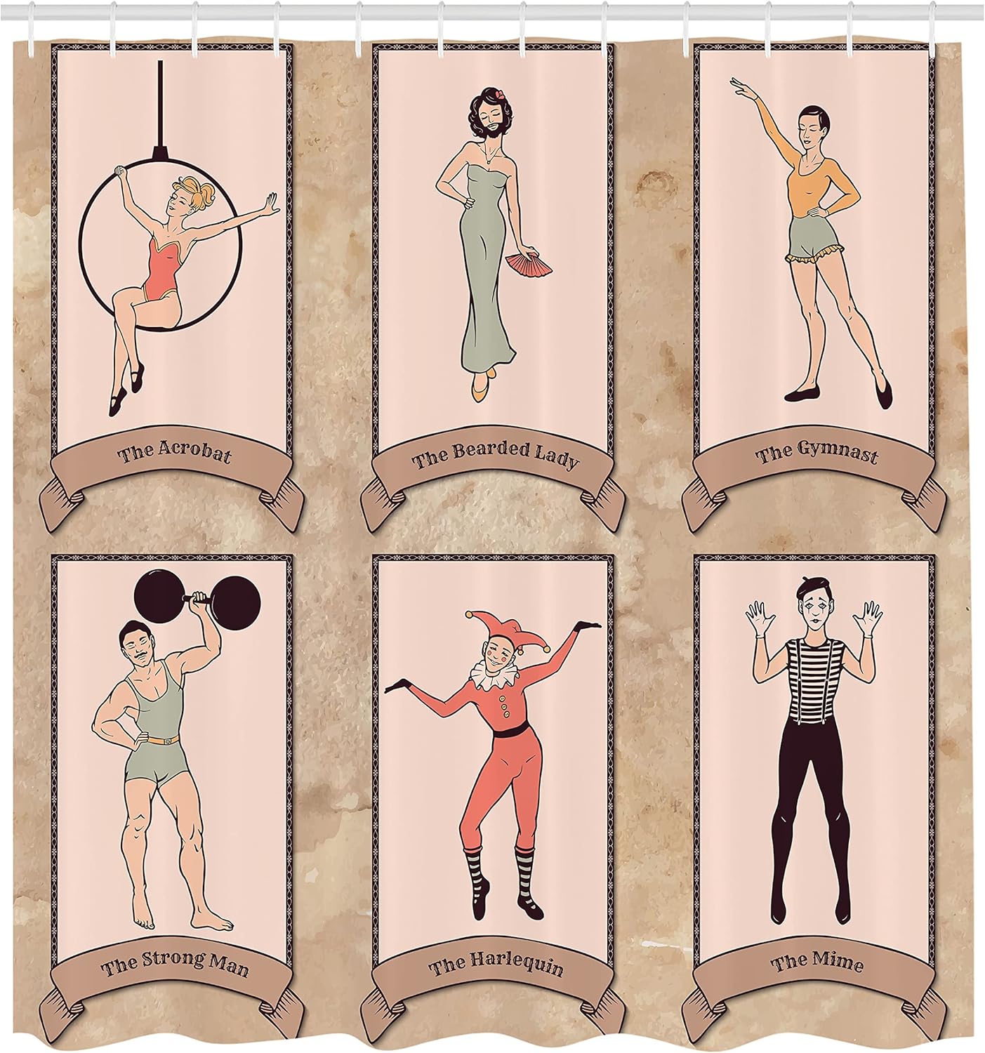 Ambesonne Circus Shower Curtain, Vintage Circus Characters Acrobat Bearded Lady Gymnast Strong Man Harlequin Mime, Cloth Fabric Bathroom Decor Set with Hooks, 69" W x 70" L, Pink Beige
