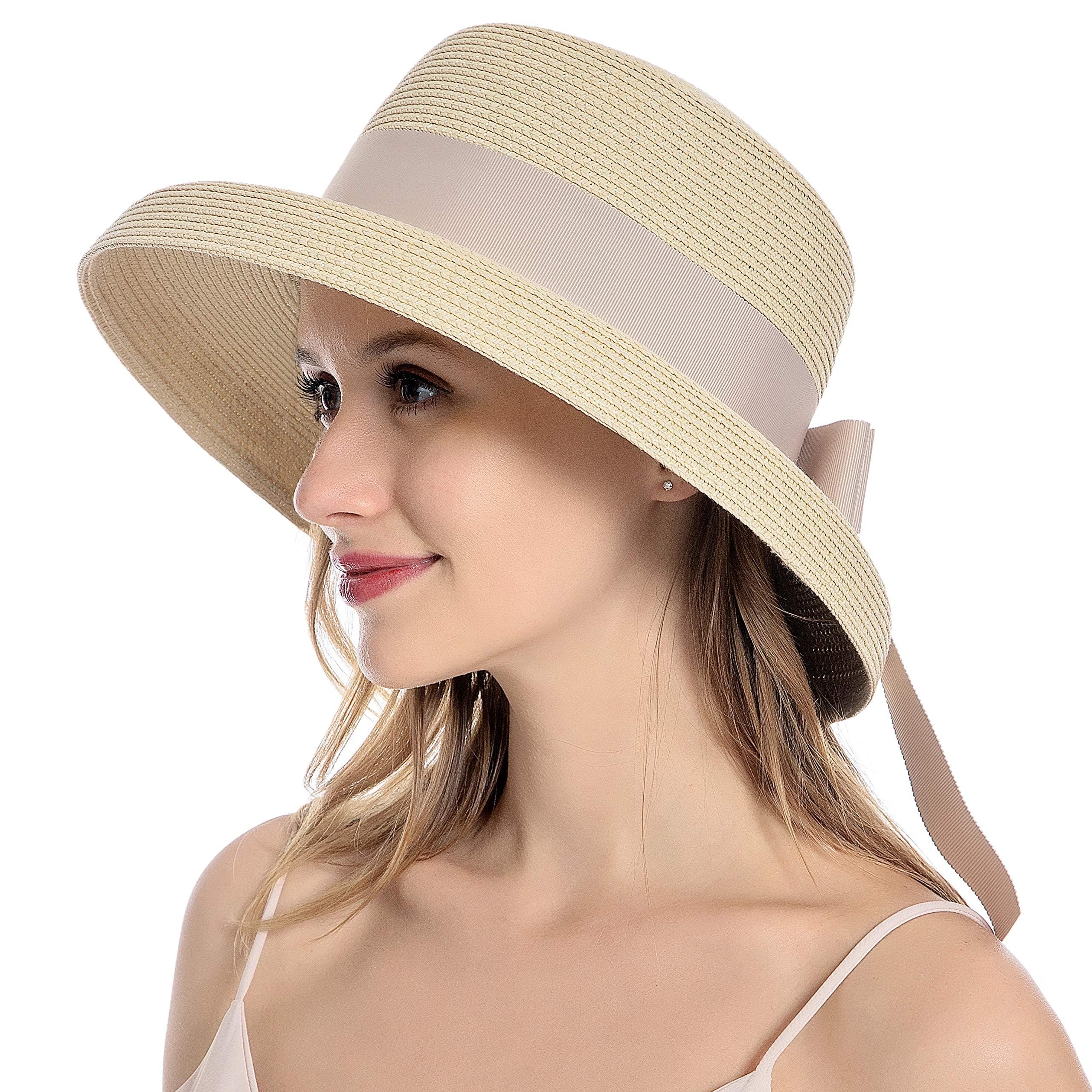 Summer Classical Bowknot Sun Hats Packable Wide Brim Straw Hat with Wind Lanyard Floppy Beach Hats for Women UV Protection Travel Foldable Brim Bucket Hat Vintage Cloche Beach Fishing Cap