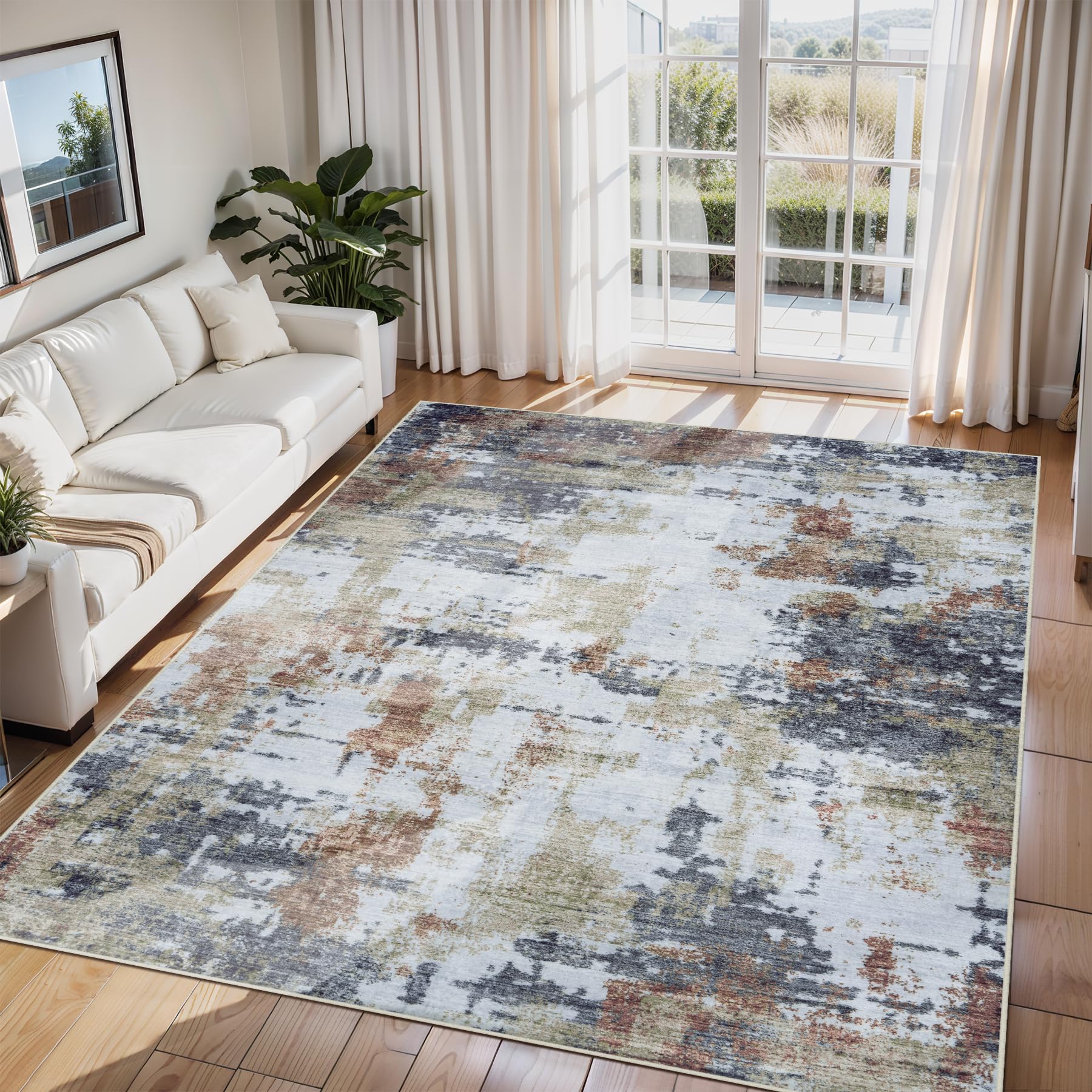 6x9 Area Rugs for Living Room Washable Bedroom Dining Room Yellow Brown — image 1