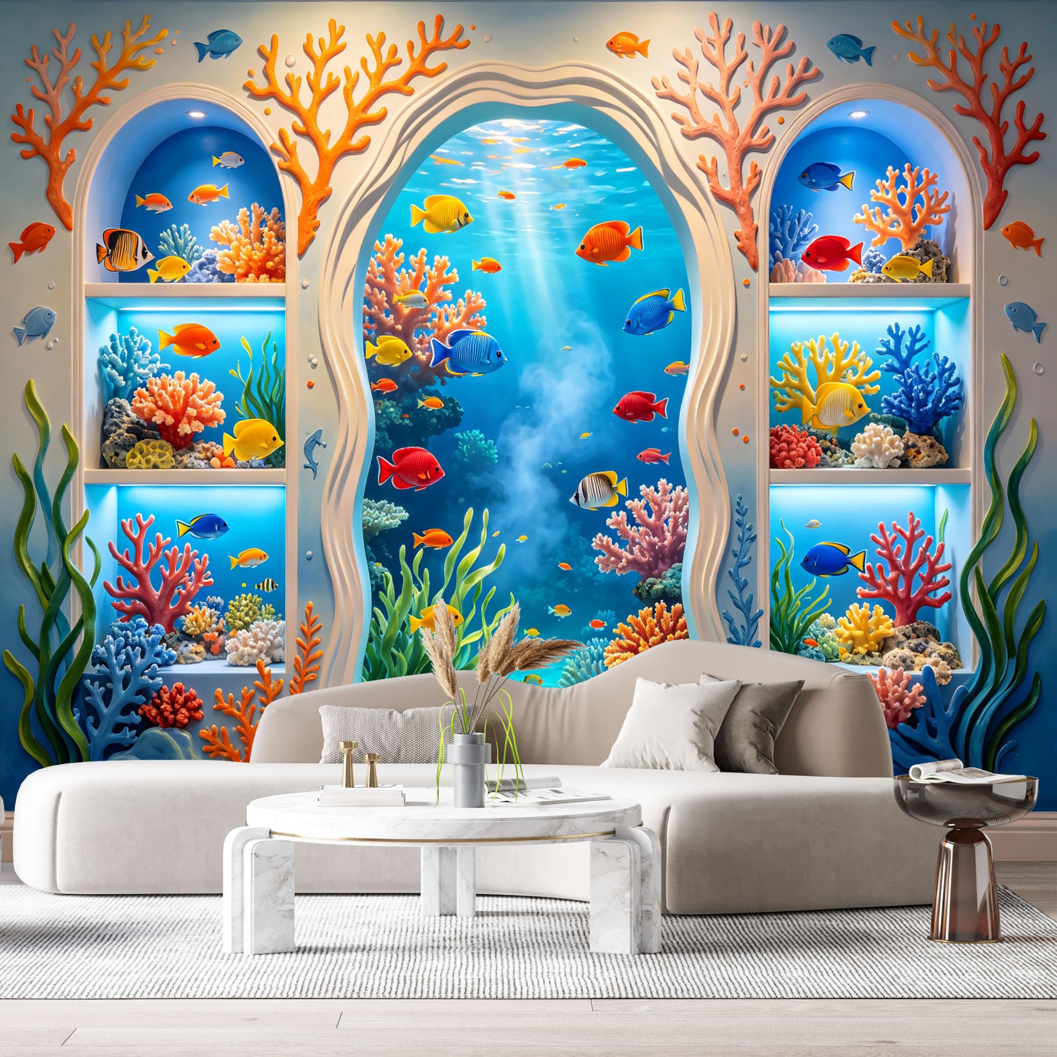 Custom Size Wall Murals Ocean/Marine Coral Reef 3D Trompe L'Oeil SelfAdhesiveWall Fabric Removable Wallpaper Wall Decor for Living Room Bedroom Bathroom
