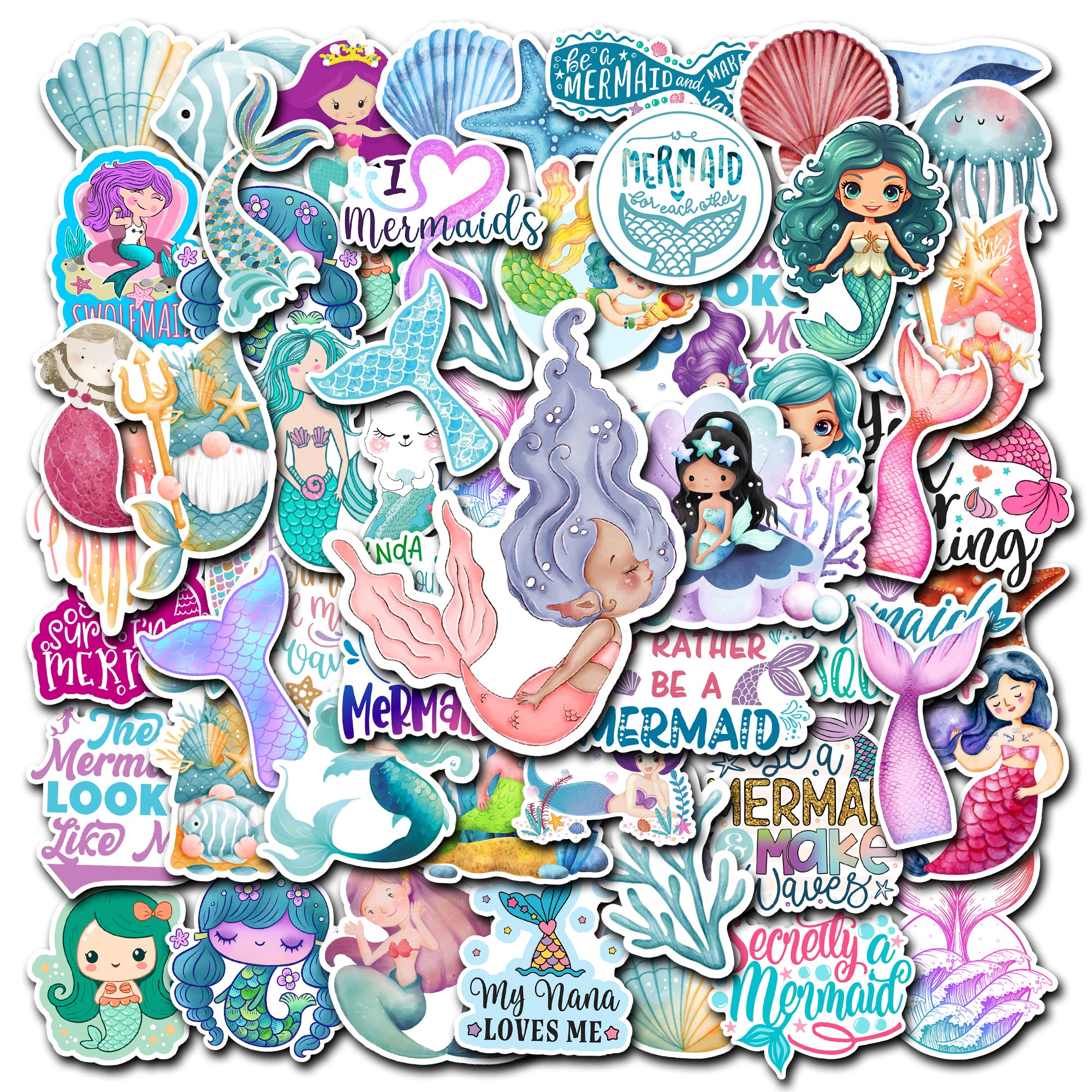 BIGZORO Pack 50 PCS Mermaid Stickers Waterproof Vinyl Decals Cute Decorative Accessories Bumper Car Water Bottles Laptop Bike Bicycle Skateboard
