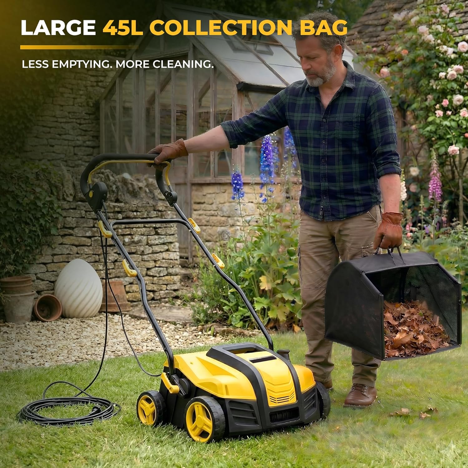 Electric Artificial Turf Sweeper 16” Artificial Grass Sweeper Vacuum with 45L Collection Bag 5 Height Adjustment Foldable Turf Power Broom for Artificial Grass Cleaning