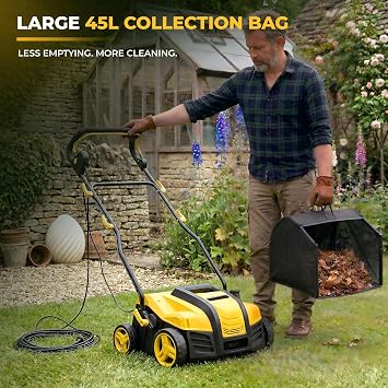 Electric Artificial Grass Sweeper, 40.6 cm, Artificial Grass Sweeper, Vacuum with 45L Collection Bag, 5 Height Adjustment, Foldable Lawn Power Broom for Artificial Grass Cleaning