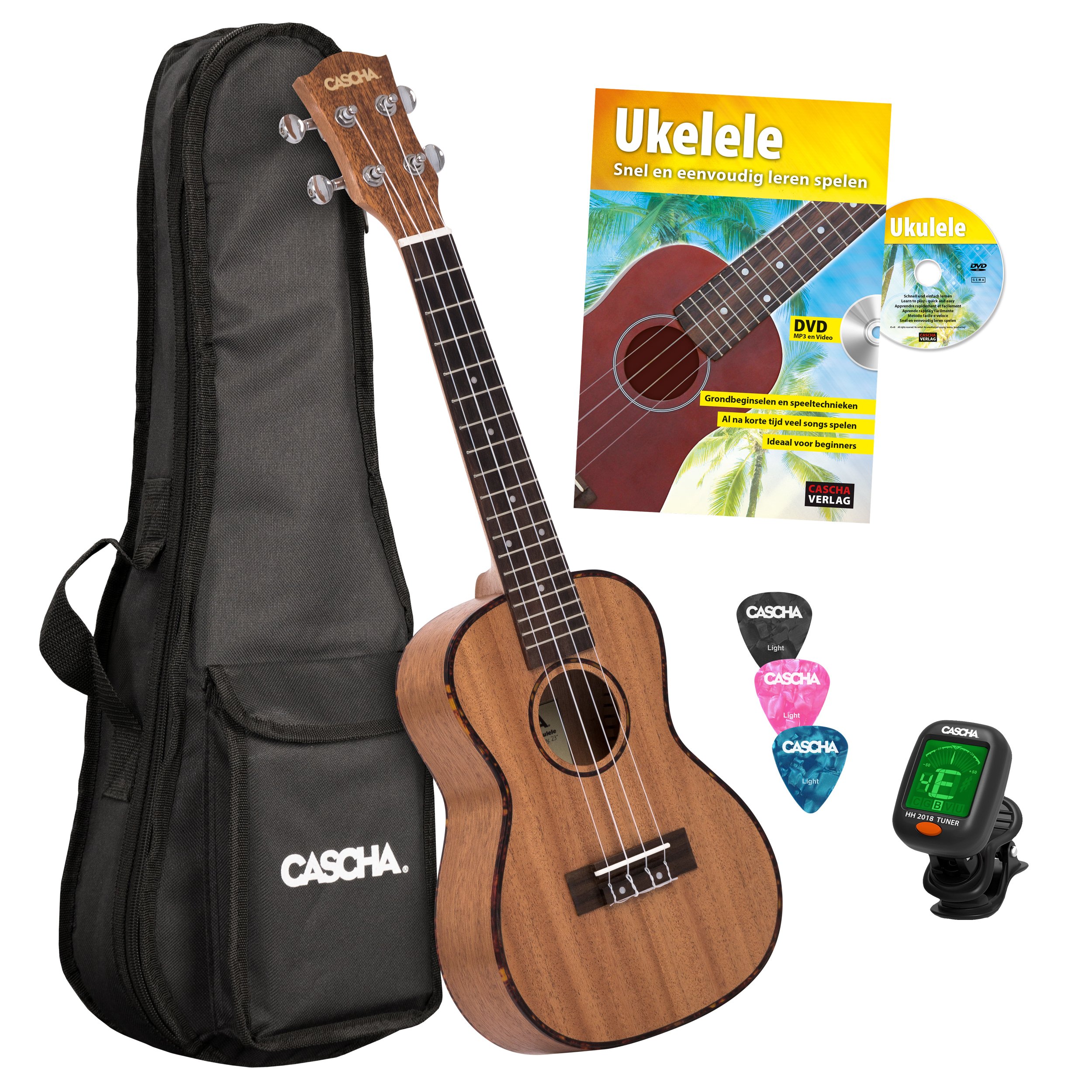 Cascha Konzert Ukulele Set I Ukulele Starter Kit mit 3 Plektren Tasche Stimmgerät & niederländischem Lehrbuch I Konzert Ukulele Mahagoni I Kleine Hawaii Gitarre für Anfänger & Fortgeschrittene