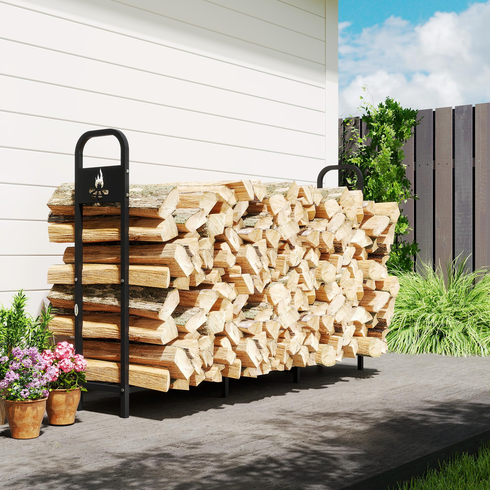 Outsunny Estante de Leña Metálico, 200x30x120 cm, Carga 300 kg, Leñero Exterior con Marco de Acero, Patas Extra Reforzadas y Diseño Recortado de Fogata, Soporte para Leña de Chimenea, para Jardín
