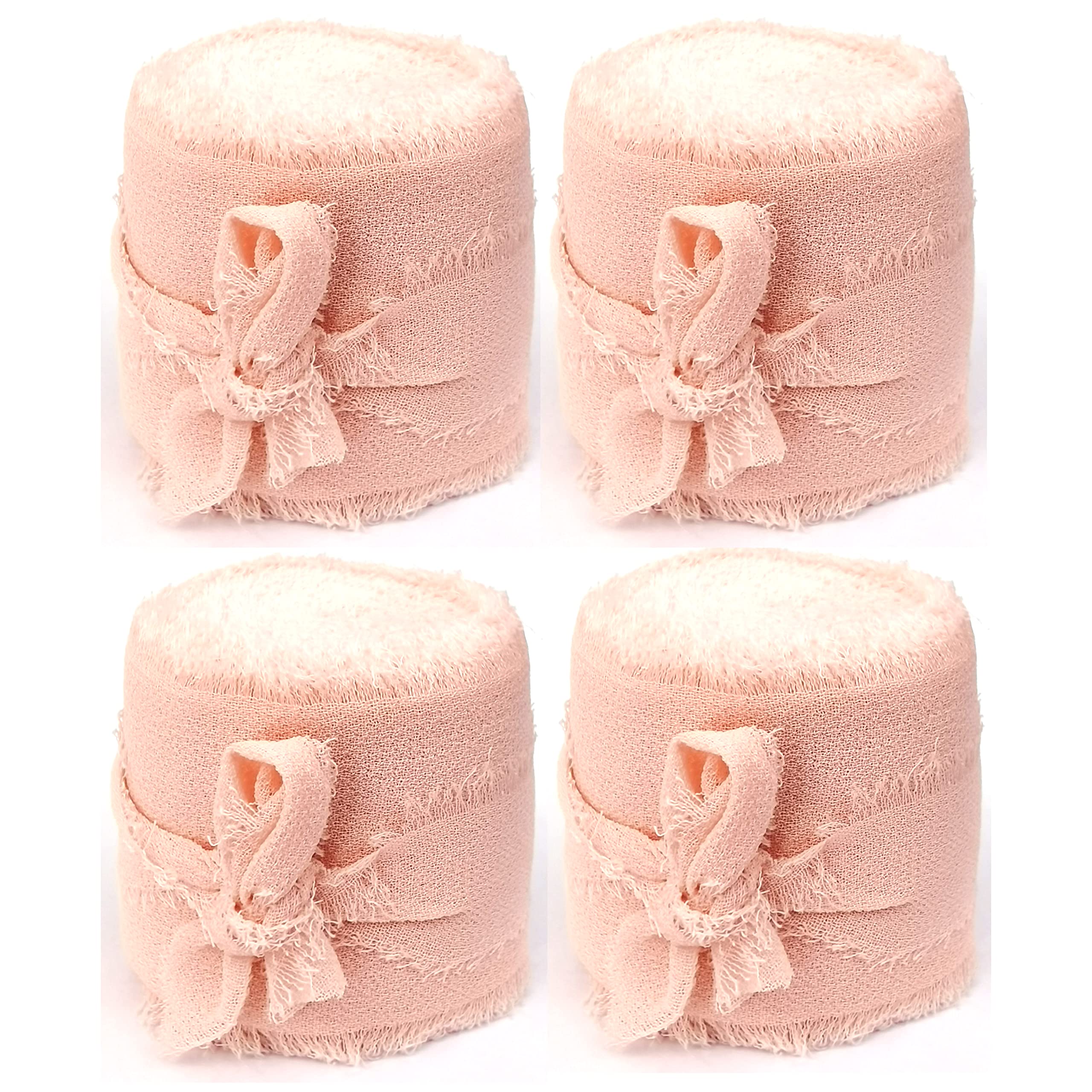 Duoqu 1.5 Inch 24 Yards(4 Rolls x 6 Yards) Chiffon Fringe Ribbon Handmade Chiffon Ribbon Silk-Like Frayed Edges Ribbon for Wrapping Decorations Pearl Pink