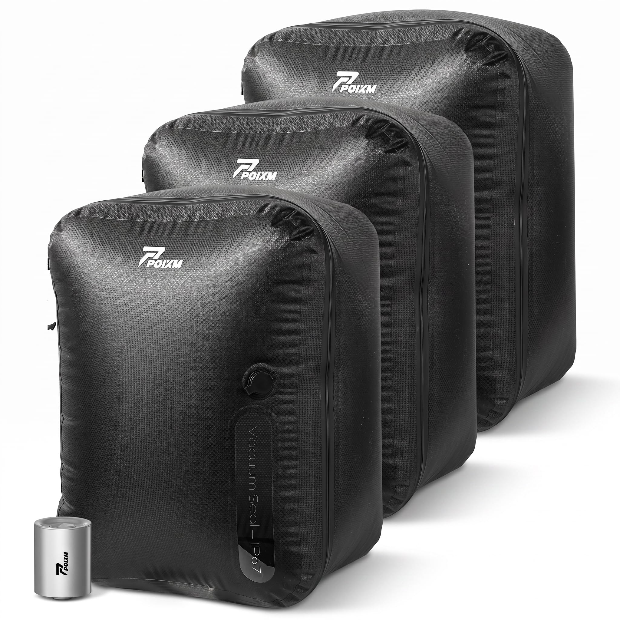 Lot de 3 sacs sous vide pour voyage avec pompe sans fil, fermeture éclair ouverte à 180°, étanchéité IP67, sacs de compression réutilisables pour sac à dos, valise, rangement à la maison (lot de