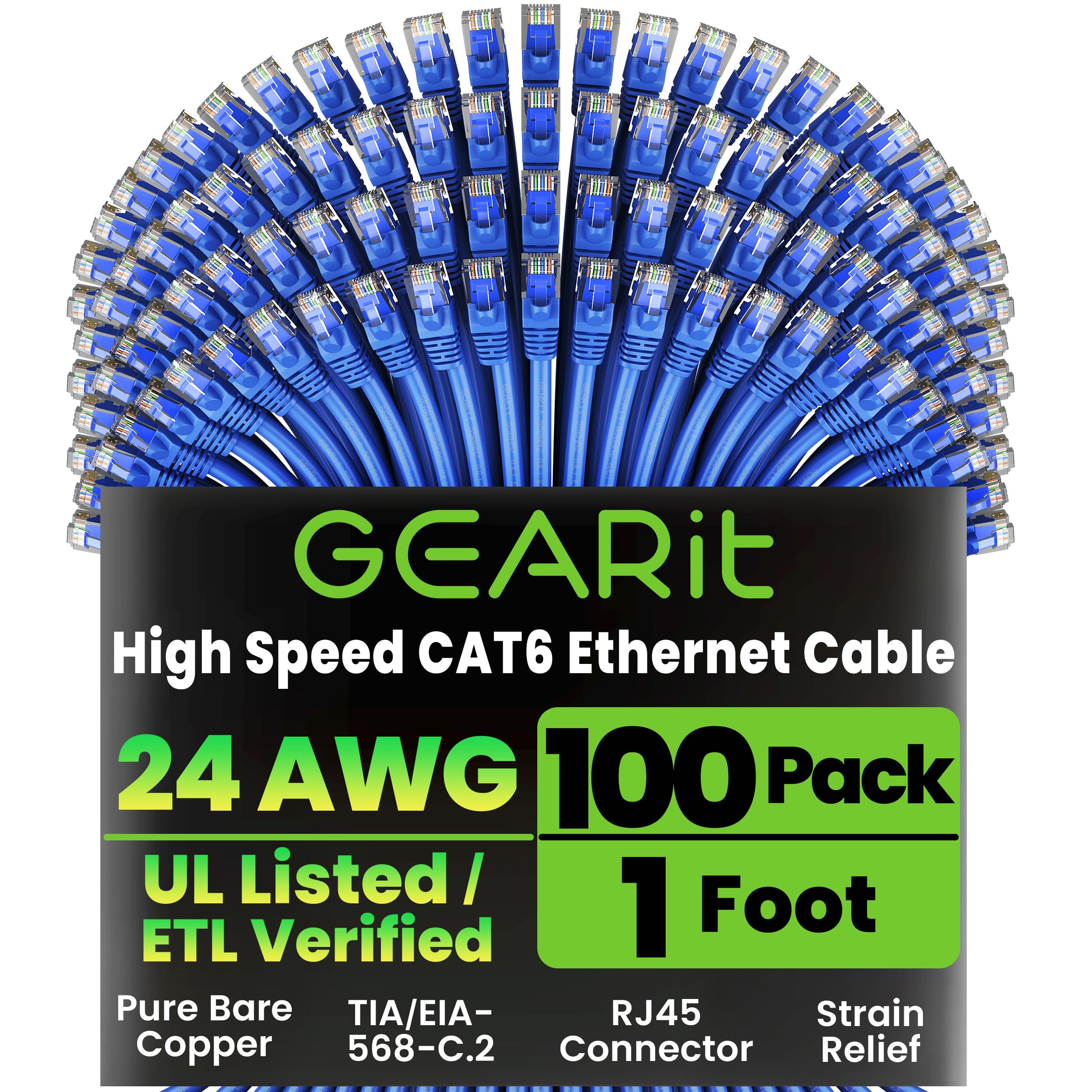 GEARit Cat 6 Ethernet Cable (10-Pack 3 Feet) Cat6 Network Patch, 10Gbps, RJ45, Snagless Cord, Gold-Plated Connectors, Internet for PC, TV, Tablet, Router, Printer, Servers, IT Data Center - Blue — view 16