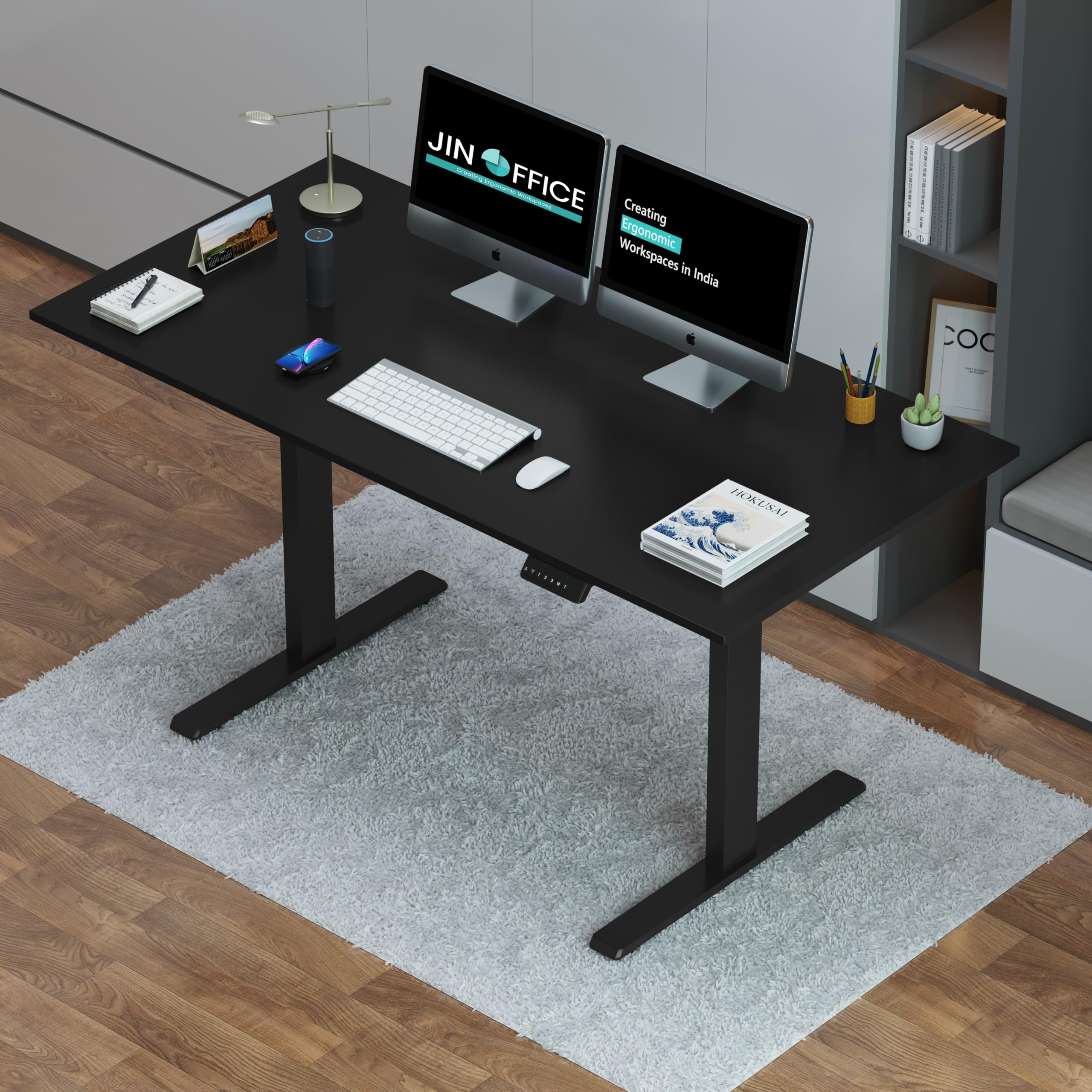 JIN OFFICE Zenith Electric Height Adjustable Desk| Standing Desk with 100 Kg Wt. Capacity & 3 Year Warranty| Sit Stand Table for Home Office with 3 Memory Preset| Black & Black|1500X750mm/25MM Thick