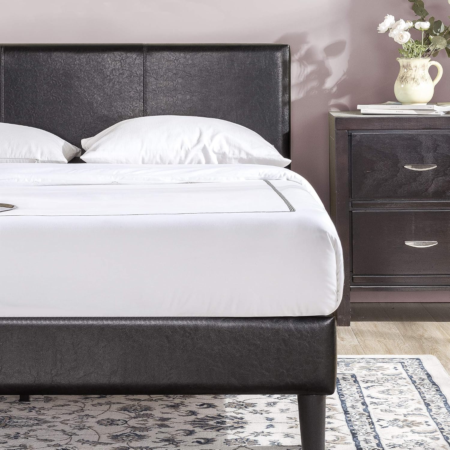 ZINUS Jade Faux Leather Upholstered Platform Bed Frame with Short Headboard / Wood Slat Support / No Box Spring Needed / Easy Assembly, Black, Twin
