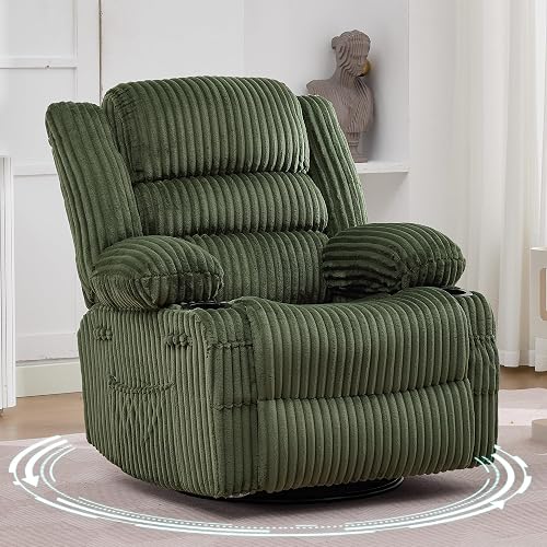 Garvee Rocking Recliner Chair for Adults Wide 360° Swivel Rocker | Recliner with Cup Holder Nursery Glider with Upholstered Deep Seat Corduroy Lazy boy Chair for Living Room Green