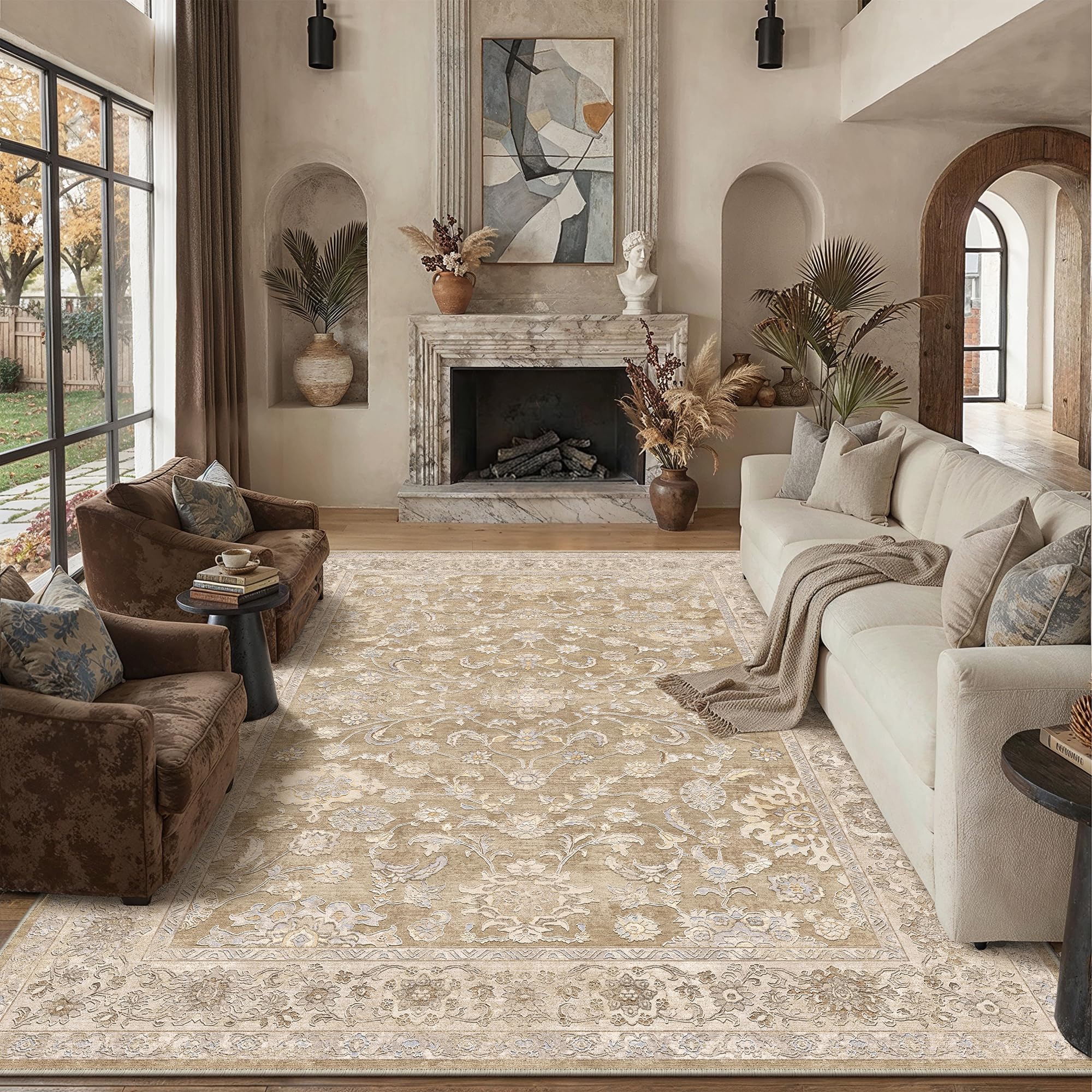 PureCozy Vintage Rugs Living Room 200x300cm Brown Area Rug Non Slip Machine Washable Large Traditional Carpet Low Pile Soft Dining Room Bedroom Office Lounge Kitchen Indoor Home Decor