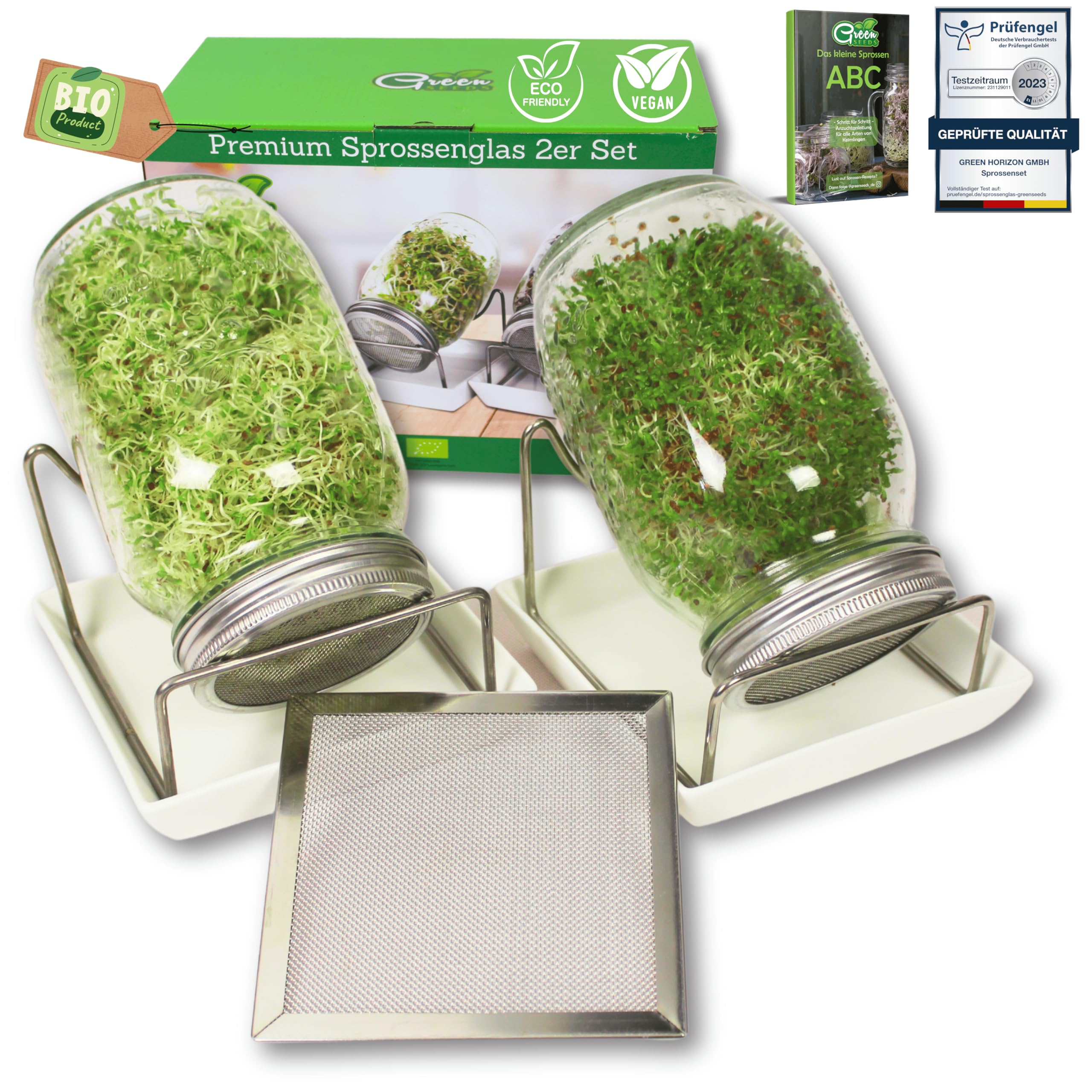 Green SEEDS® [Das Original Sprossenglas 2er Set + KRESSESIEB mit hochwertigem Edelstahl-Gitterdeckel, Ständer, Keramikschale + Sprossen-ABC [Druckversion] Keimglas Anzuchtset