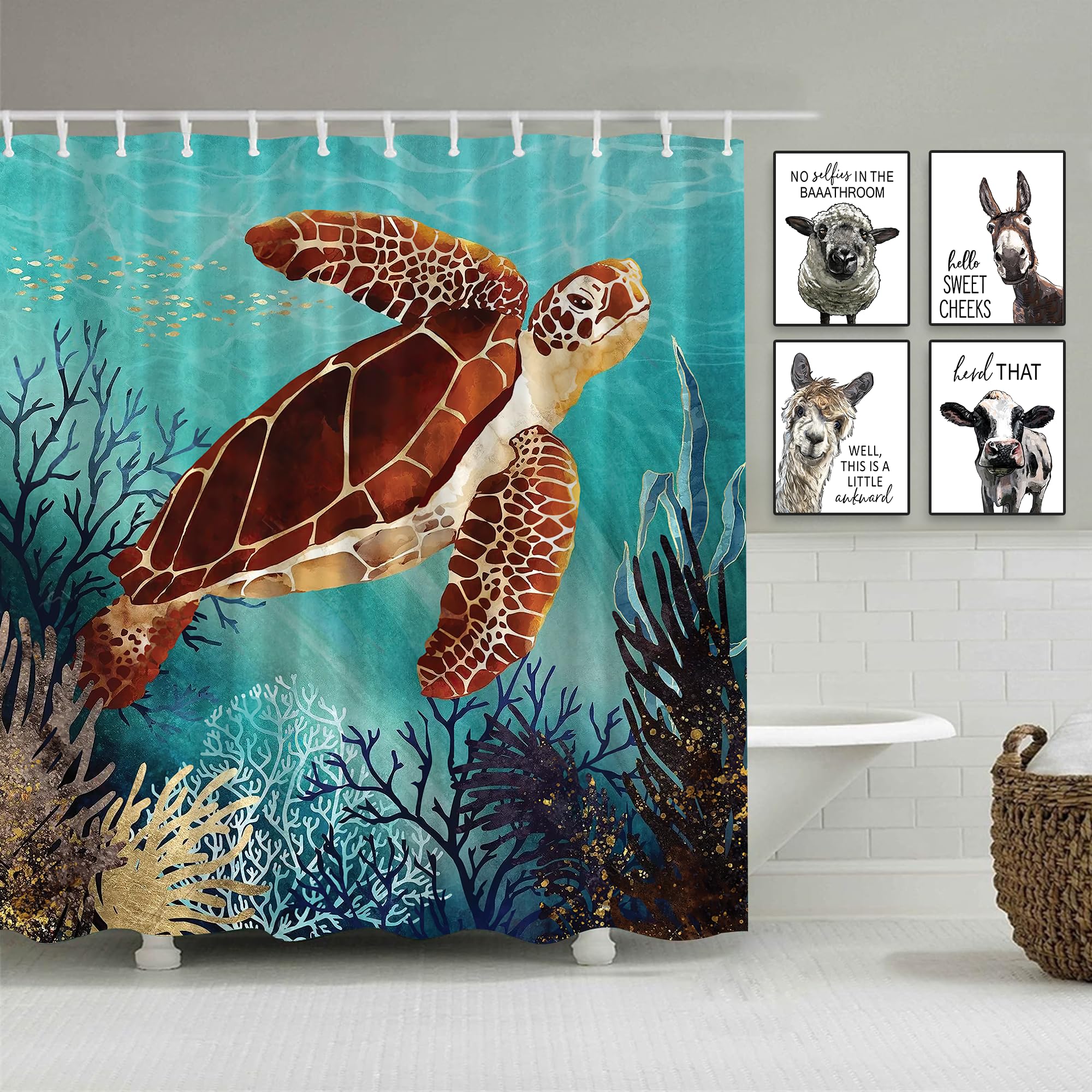 Yeele Duschvorhang-Set „Strand & Meeresschildkröte“ – Wasserdicht, 183x183 Cm, Mit 12 Haken, Blau