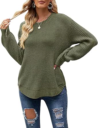 MEROKEETY Women's 2023 Casual Fall Waffle Knit Sweater Long Balloon Sleeve Loose Pullover Jumper