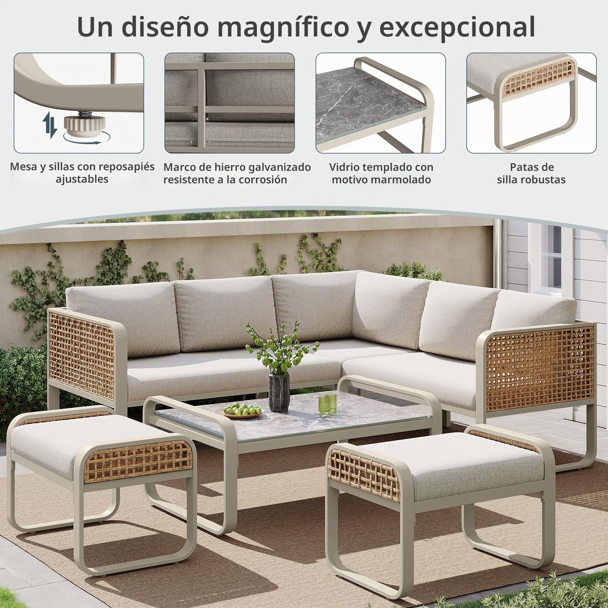 Conjunto de Muebles de Jardín Exterior 6 Piezas, Juego de Muebles de Jardín, Conjunto de Sofás de Exterior con 2 Sofá de 2 Plazas, 1 Sofá Esquinero, 2 Banco y 1 Mesa, Beige