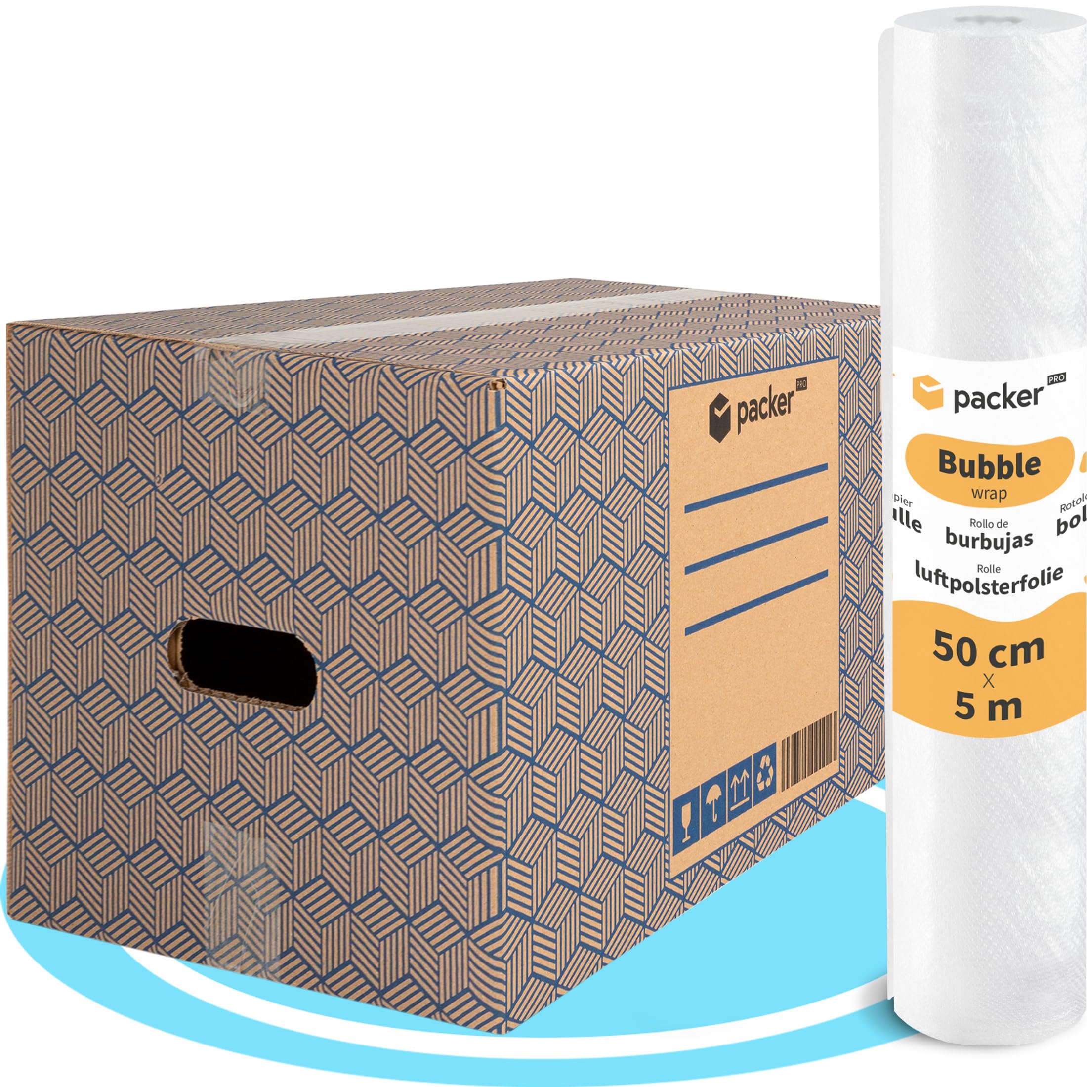 packer PRO Pack 20 Cajas Carton para Mudanzas y Almacenaje Ultra Resistentes con Asas, 50x30x30cm y Rollo Burbuja Embalaje de 50cm Ancho y 5m