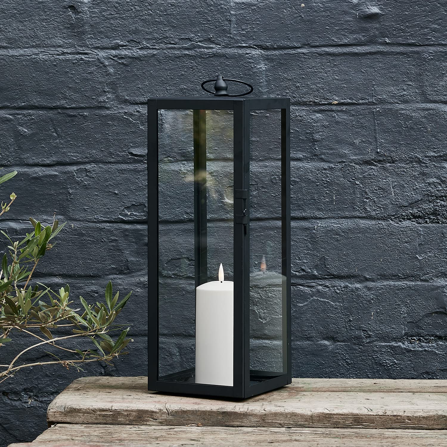 Lights4fun Farolillo Decorativo de Metal Negro de 45cm con Vela LED TruGlow® a Pilas para Interiores y Exteriores