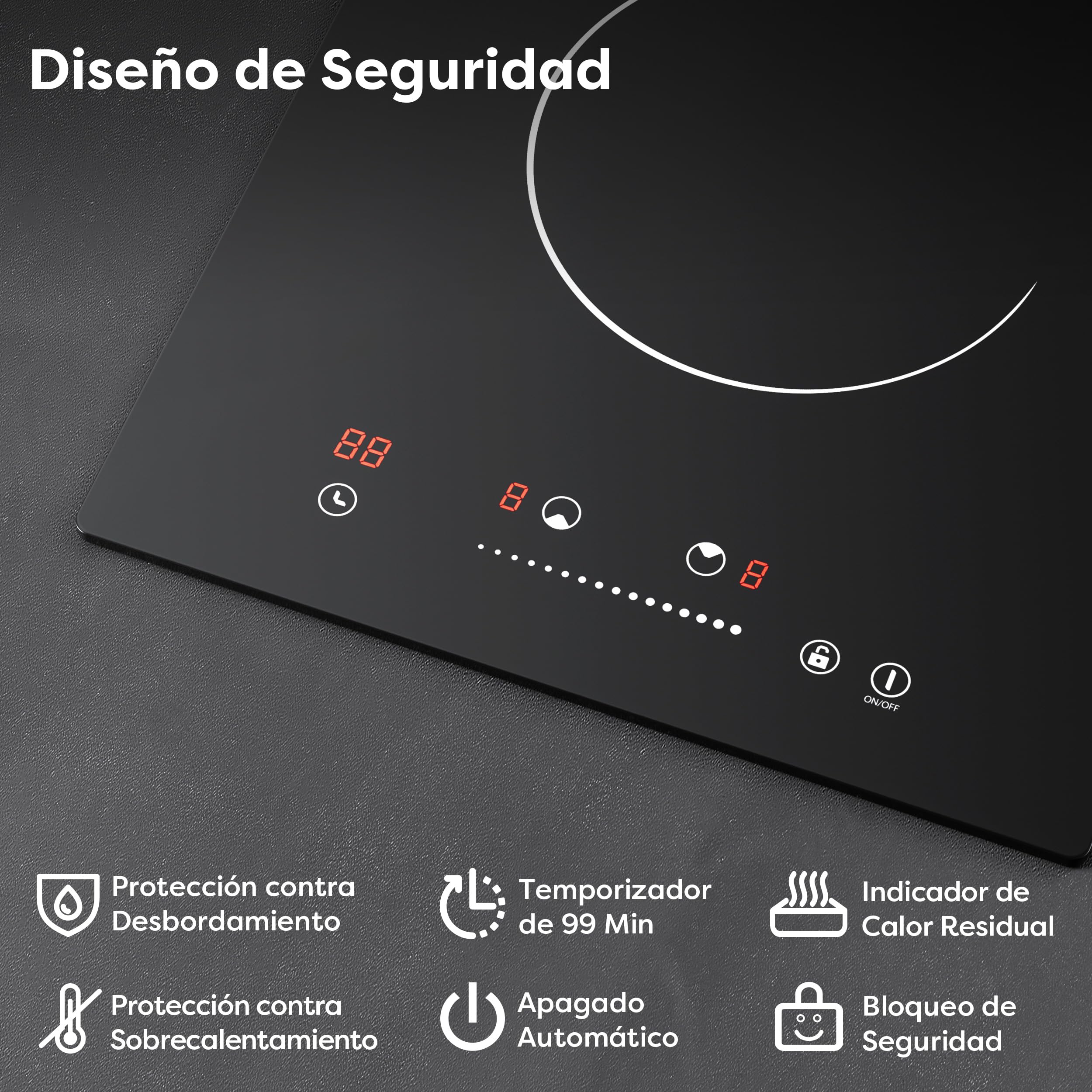 CDV Placa Vitrocerámica 2 Fuegos, 3000 W, Placa de Cocina Eléctrica Empotrable, 30 cm, 9 Niveles de Potencia, Timer, Bloqueo de Seguridad | Plan eléctrico compacto con control táctil, temporizador, bloqueo infantil y apto para ollas de fondo plano