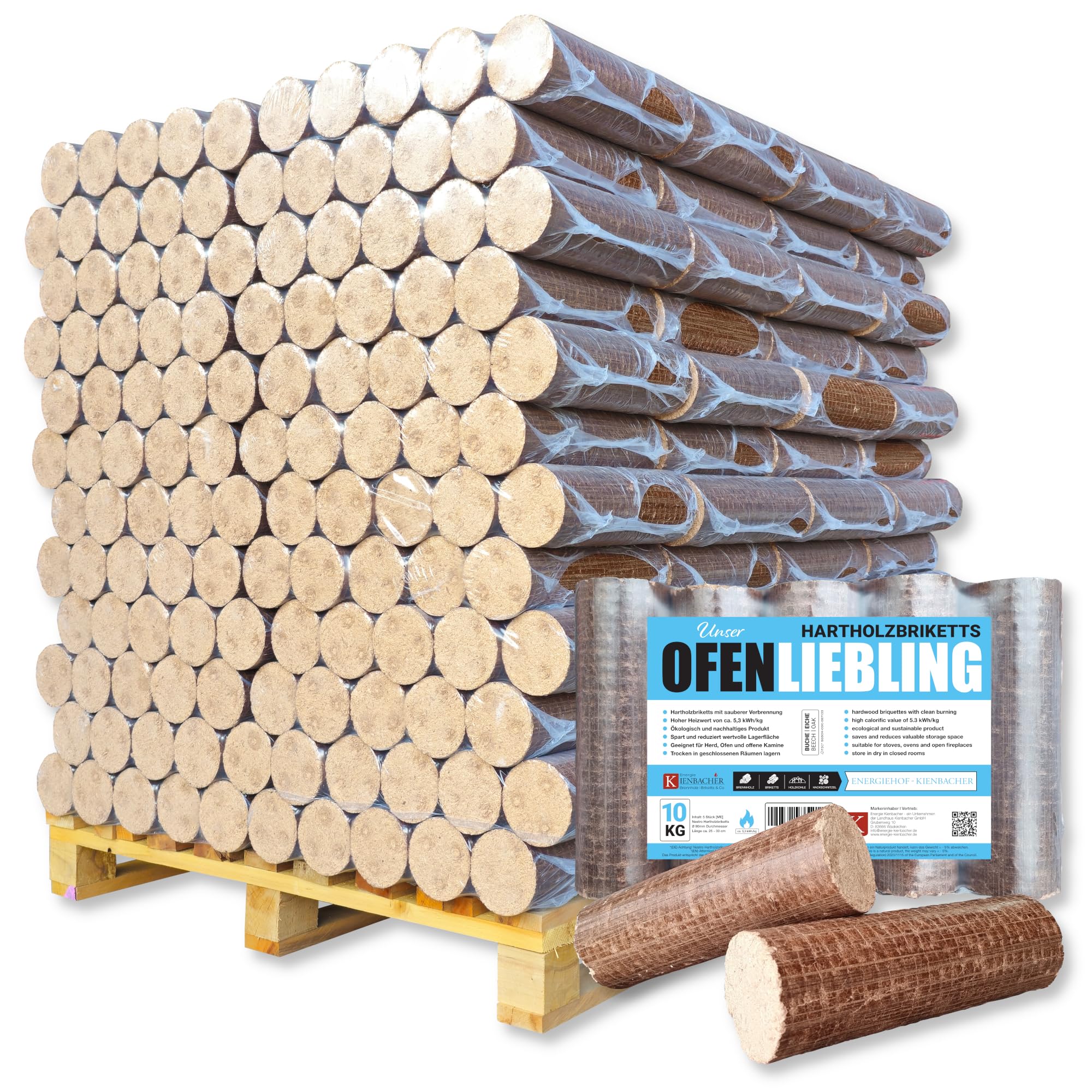 960kg Palette Nestro Premium Hartholzbriketts Kamin Ofen Holz Gluthalter Eiche und/oder Buche PE-Bags Holzbrikett Rund Energie Kienbacher