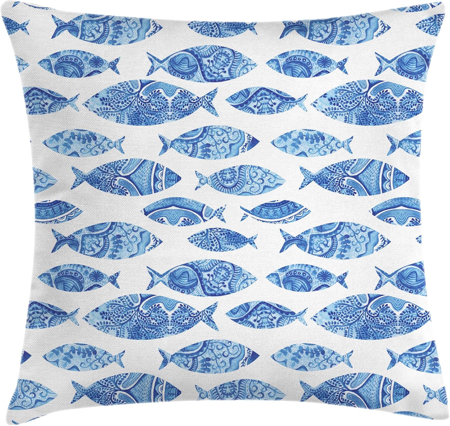 Ambesonne Blue Throw Pillow Cushion Cover, Fish Sea Animal with Ottoman Ornate Mosaic Hand Drawn Style Marine Artwork, Decorative Square Accent Pillow Case, 18" X 18", Blue 18" x 18" Blue