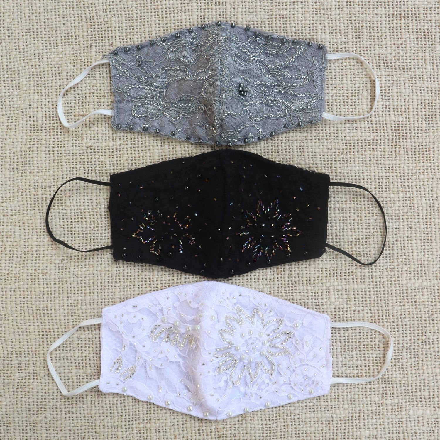 NOVICA Artisan Handmade Beaded Rayon Lace Face Masks 1 Grey1 White1 Balinese Accessories Black Assorted Double Layer Ear Loop Solidembroidered Indonesia Embellished ' Island Fashion' Set of 3