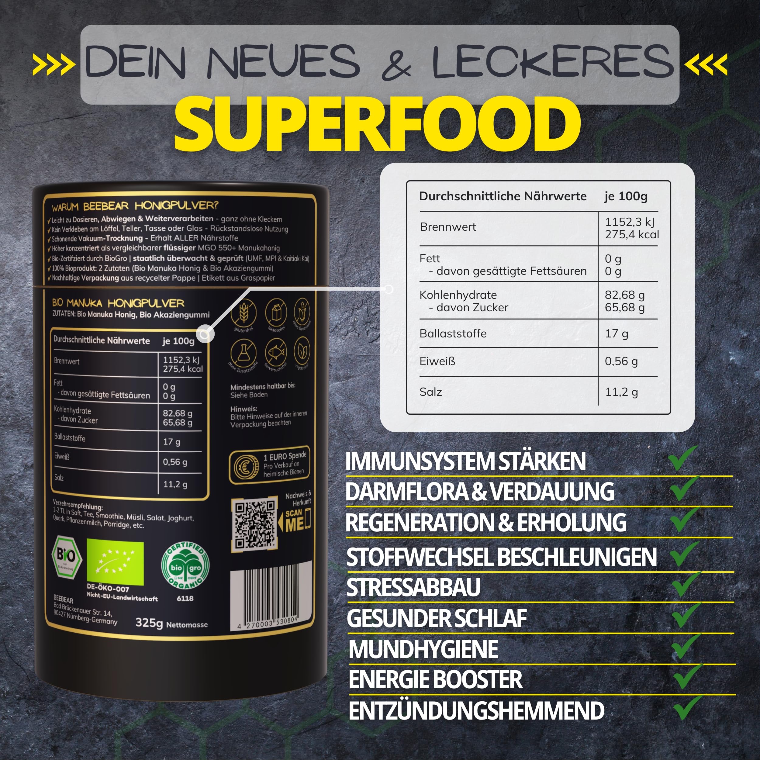 BeeBear Manuka Honigpulver MGO 550 | Bio Nahrungsergänzungsmittel + Superfood Pulver Bio zB für Smoothie & gesundes Frühstück | Porridge Topping Quark & Joghurt | Immunsystem stärken & Energy Pulver