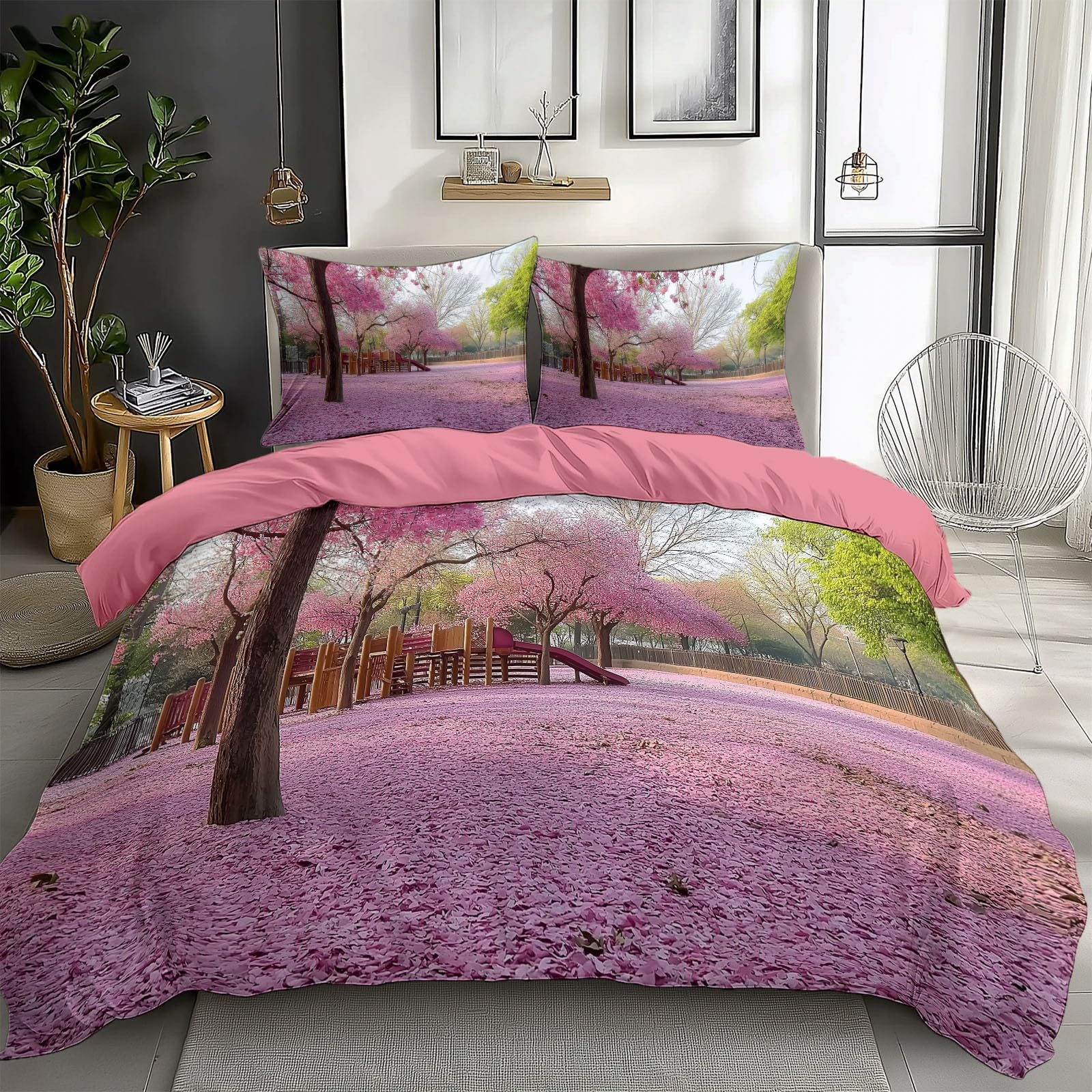 Antique Rose Duvet Cover King Size Scenery Cherry Blossom Reversible 3 Pieces Duvet Cover Set, Bedding Set for All Season, Soft and Breathable Bedding with Zipper Closure