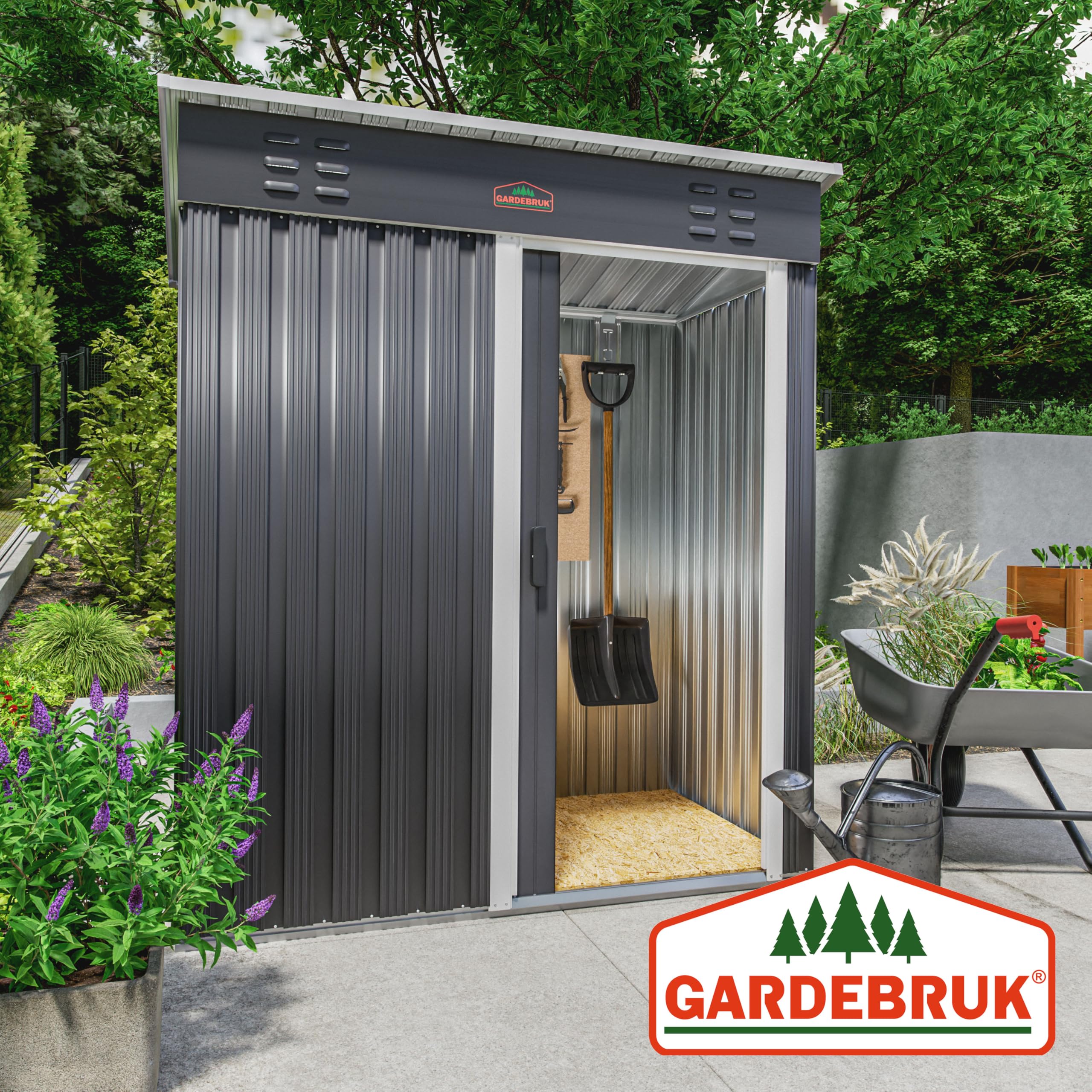 GARDEBRUK® Geräteschuppen 185x165x90cm 1,5m² Schiebetür 20kg Halter Handschuhe Belüftung rostfreies Metall Pultdach Anthrazit Gerätehaus Gartenhaus