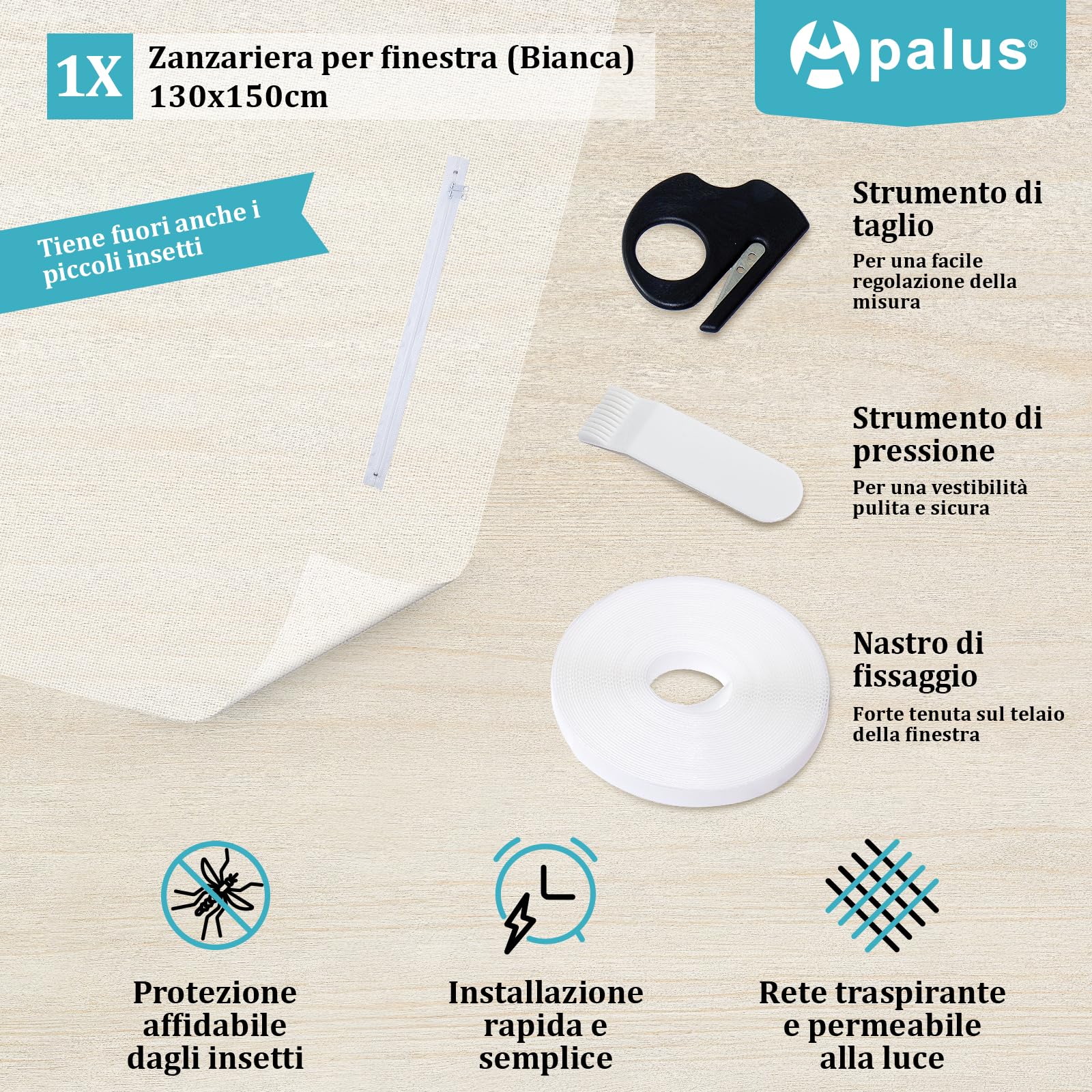Apalus Zanzariera per Finestre 130x150CM con Zip per Accesso All'Esterno, Adatta per Finestra a Battente, con Taparelle o Persiane, Finestre a Bilico o Lucernari, Bianco, 1 Pezzo