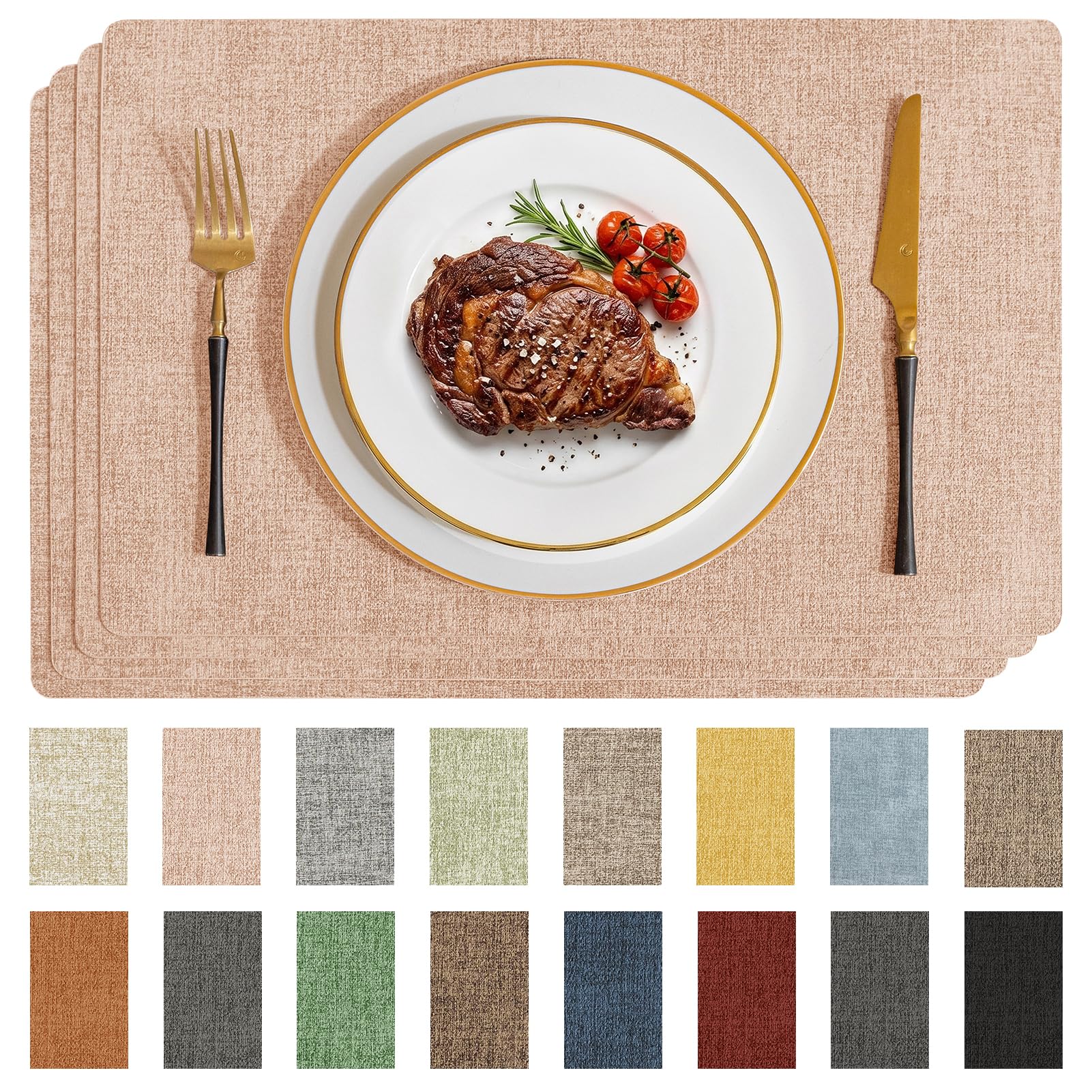 Romanstile Vinyl Placemats Set of 12-12 X 18 Inch - Heat Resistant Place Mats 100% Waterproof Oilproof Wipeable Reversible Faux Leather Table Mats for Kitchen/Dining/Party/Outdoor, Pink