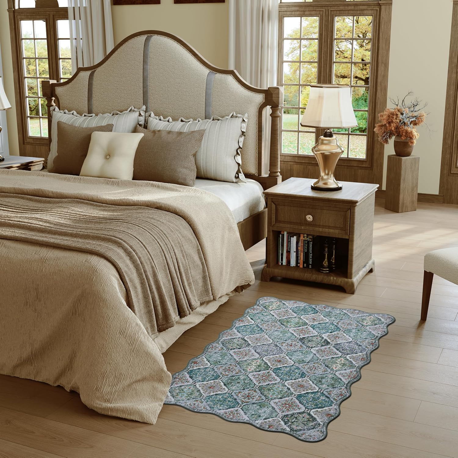 Moroccan 3x5 Area Rug, Unique Scalloped Ultra-Thin Soft Washable Rug, Non-Slip Stain Resistant Lightweight Low-Pile Carpet for Living Room Bedroom Dining Room Office (Green)