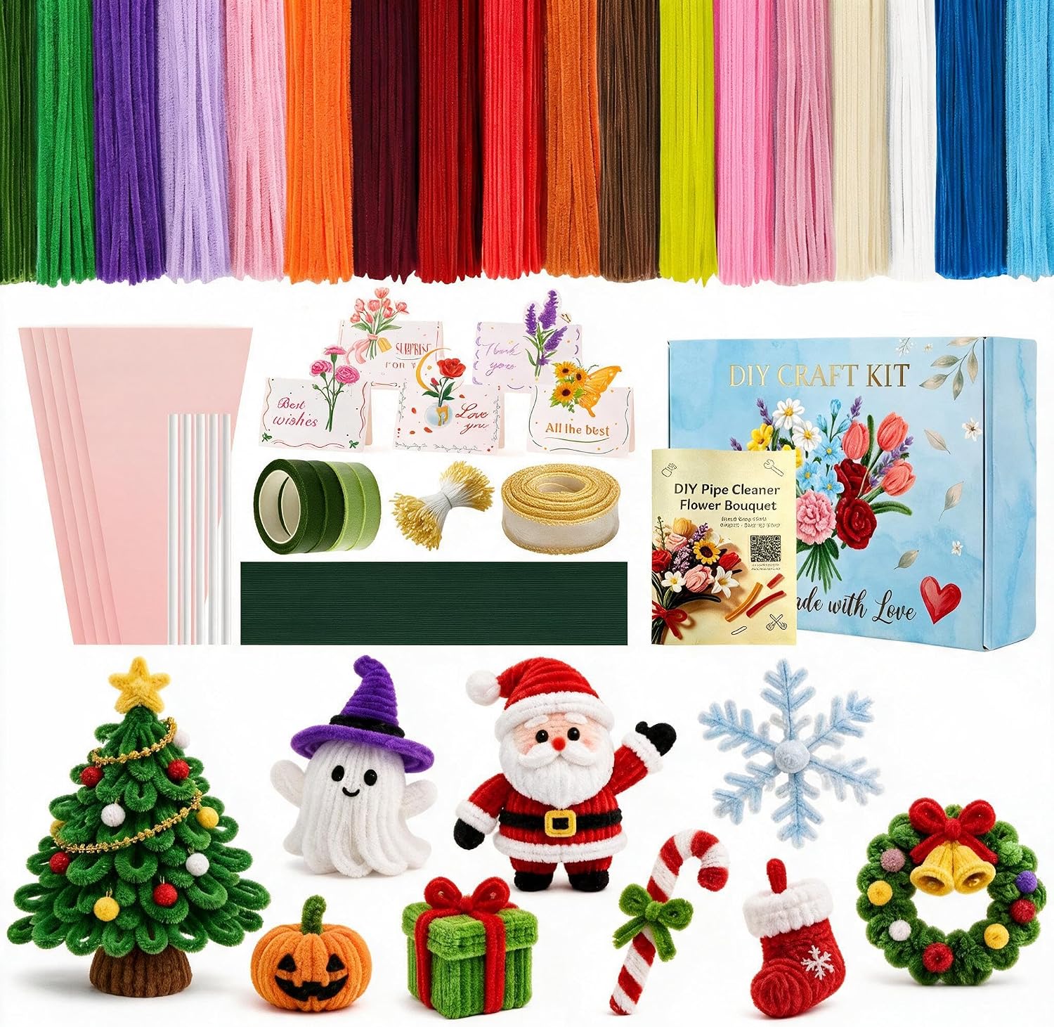 18-Color 1000pc Pipe Cleaner Flower Kit Floral Wire w/Card & Accessory