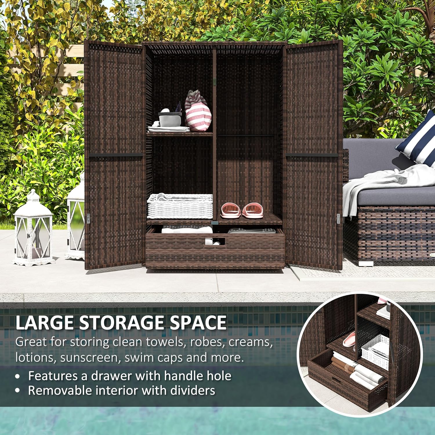 Outsunny Wicker Outdoor Storage Cabinet with Shelves, 2-Door Rattan Pool Towel Storage Cabinet with Removable Shelf & Drawer, Outdoor Towel Holder for Garden, Backyard, Porch, Mixed Brown