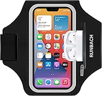 RUNBACH Water Resistant Armband for iPhone 17/16/15/14/13 Series - Zipper Pocket for AirPods & Keys, Secure Fit with Extension Strap (Black)