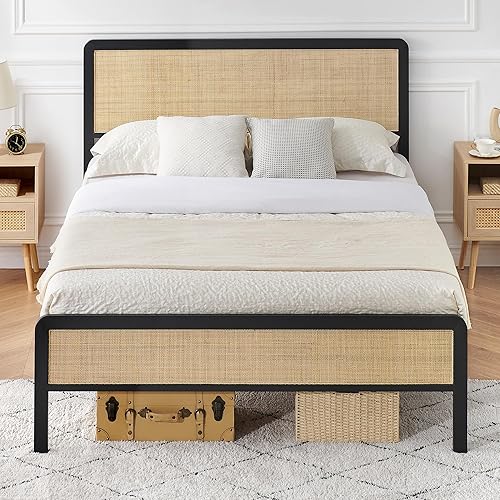 Miniatura 8 de Alkmaar Base de cama de metal de tamaño matrimonial con cabecera de ratán y estribo marco de cama de plataforma con esquinas redondeadas seguras