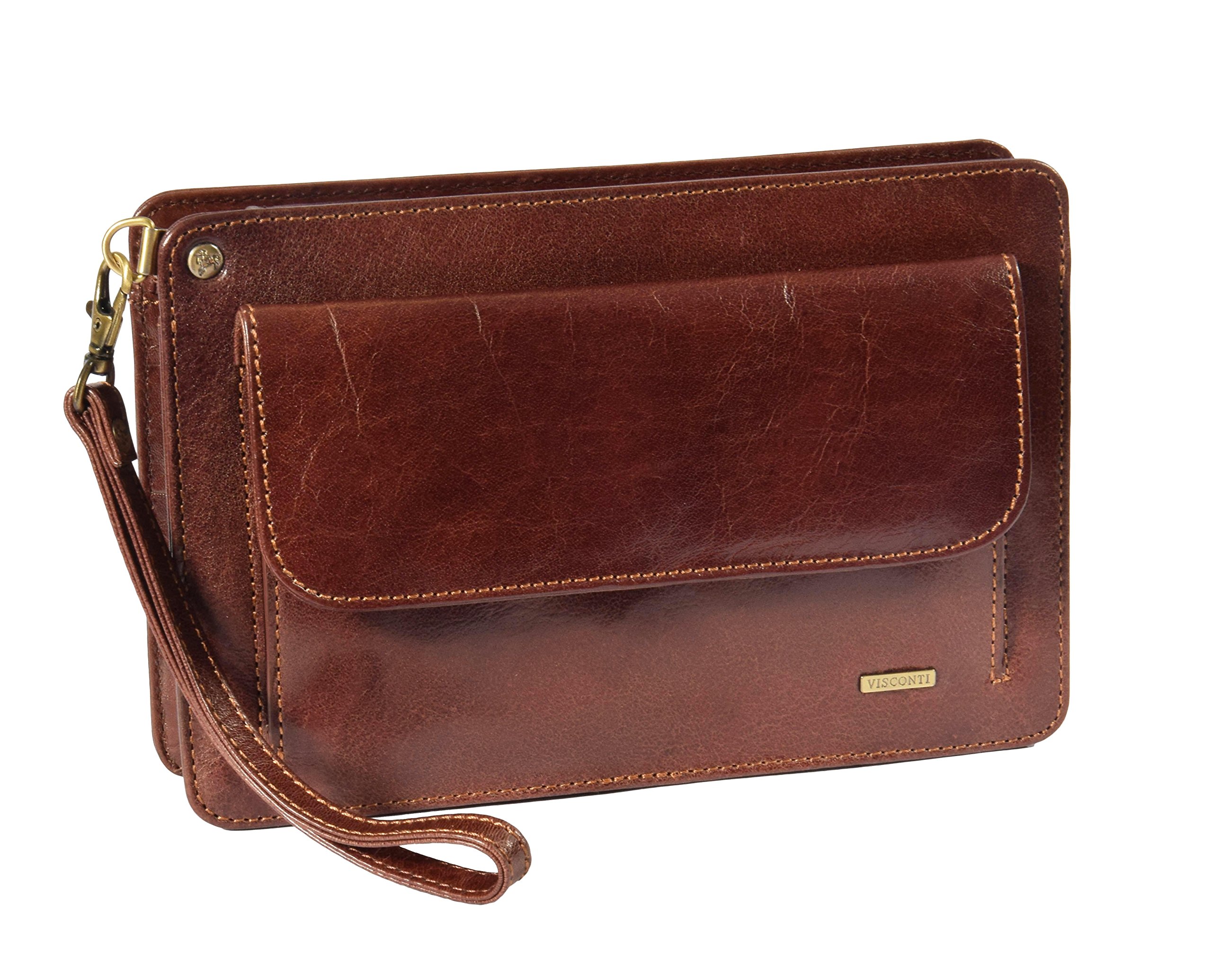House Of Leather Borsa da Polso in Vera Pelle Pochette Wristlet Denaro Borsa Organizer 'MONTREAL' Marrone 24x15x5 cm