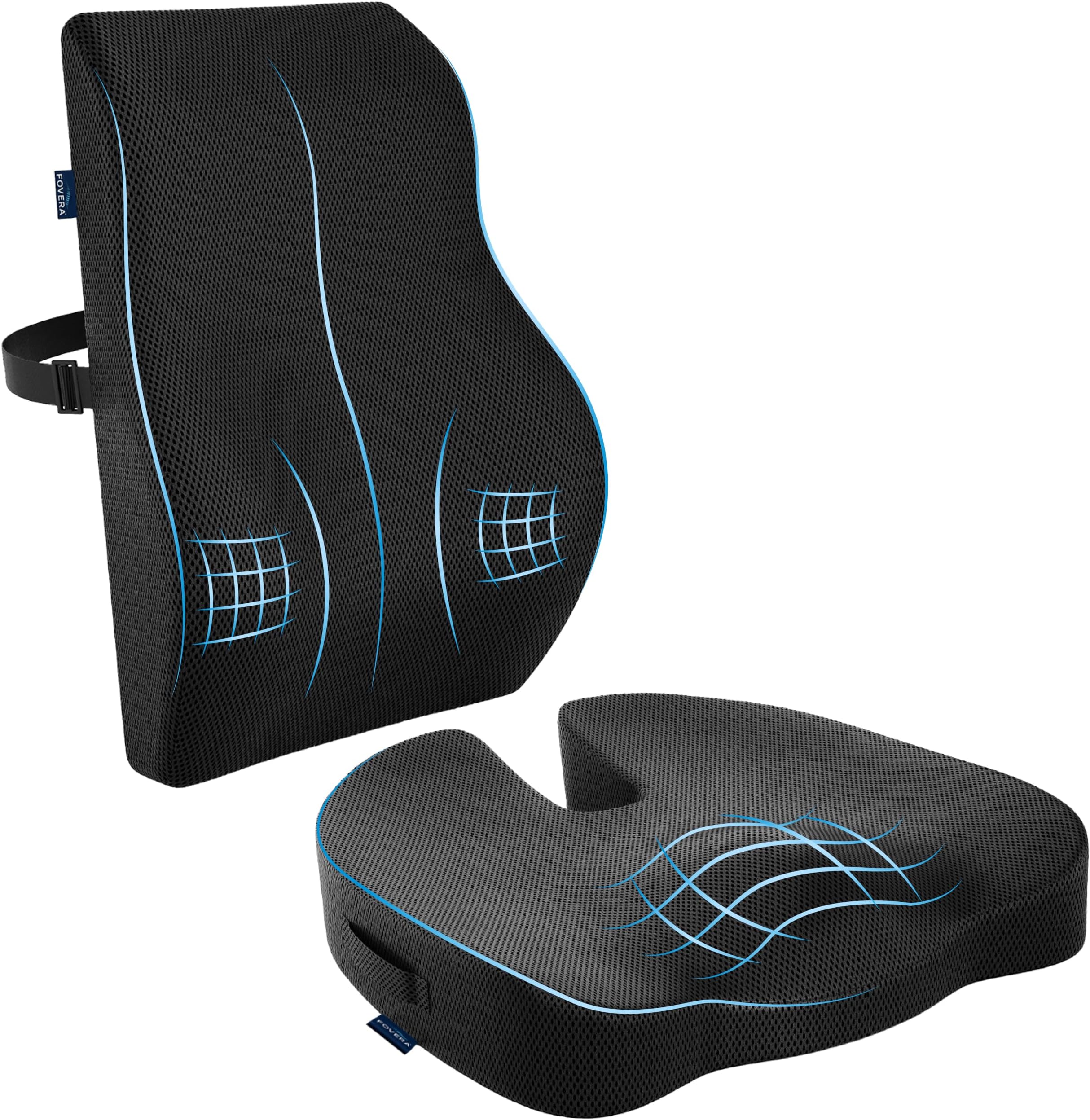 FOVERA Back Support for Chair & Coccyx Seat Cushion for Tailbone - Orthopedic Cool Gel Memory Foam Sitting Cushion Combo - Relieves Back, Sciatica & Hip Pain - for Office & Home Chair (Mesh Black)