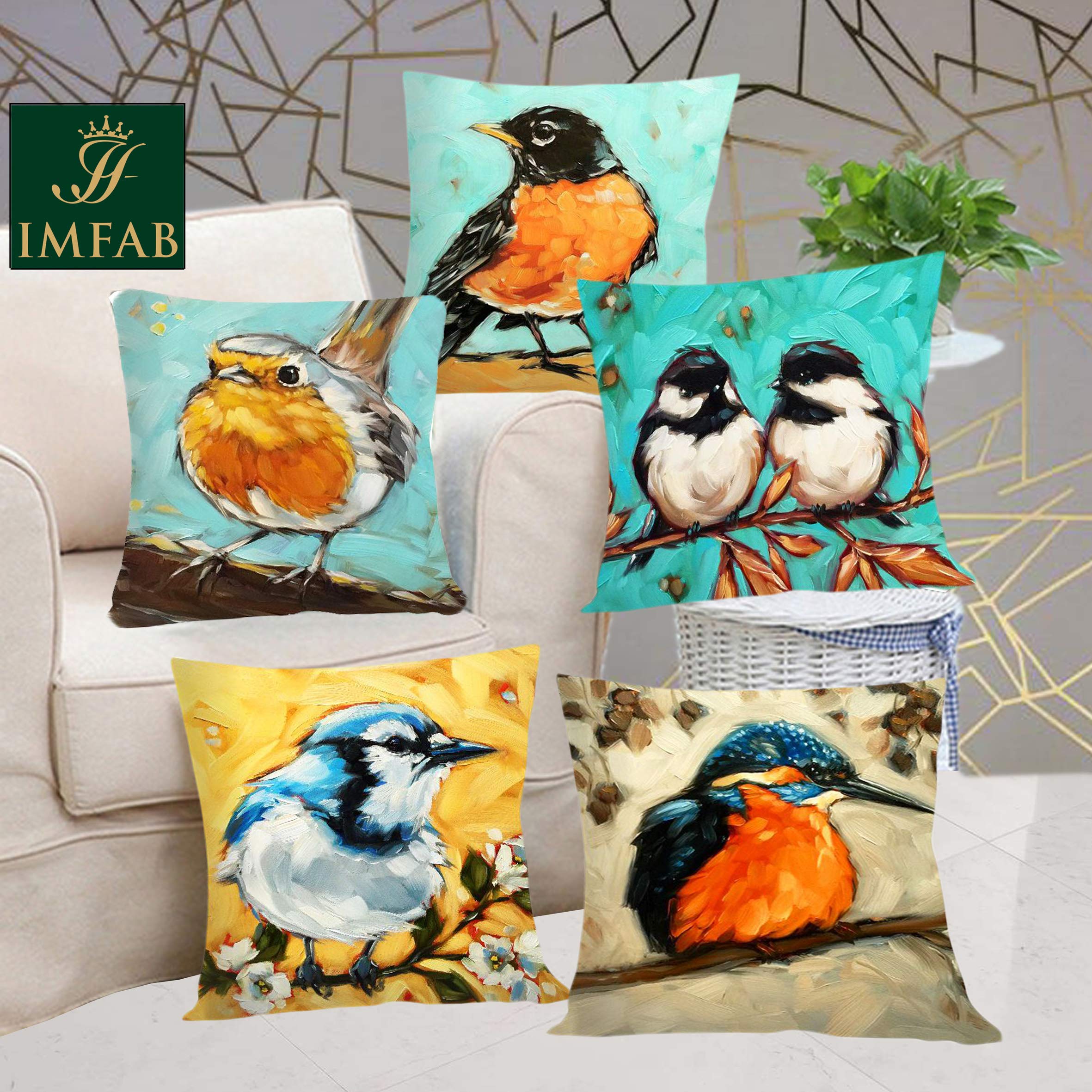 IM FAB Multicolour Bird Design Printed Canvas Cotton Cushion Cover - 16X16 inches, Set of 5 Pcs