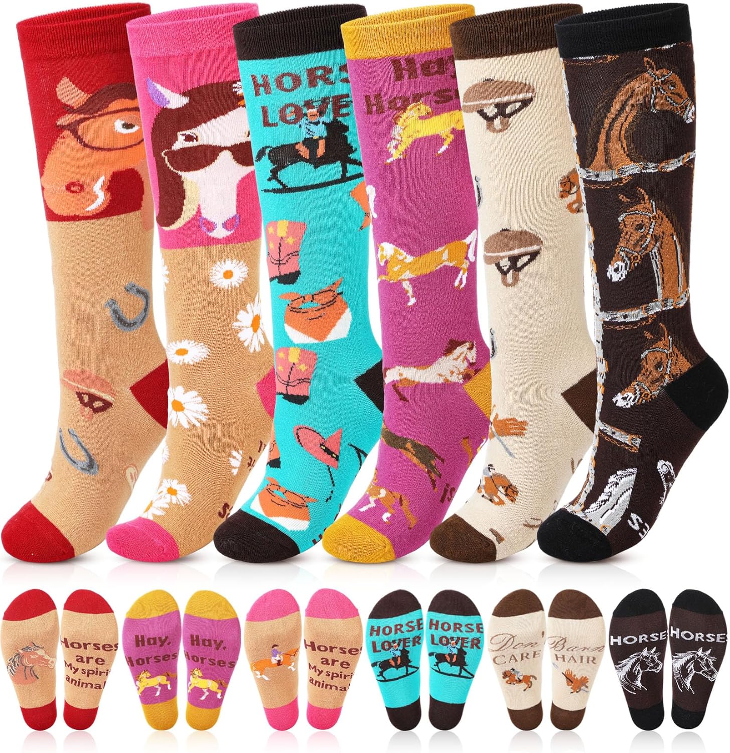 Berlune 6 Pairs Funny Horses Riding Socks for Women Long Equestrian Knee High Socks Cotton Novelty Cute Western Cowboy Stockings for Horse Lovers Gifts Party Favors