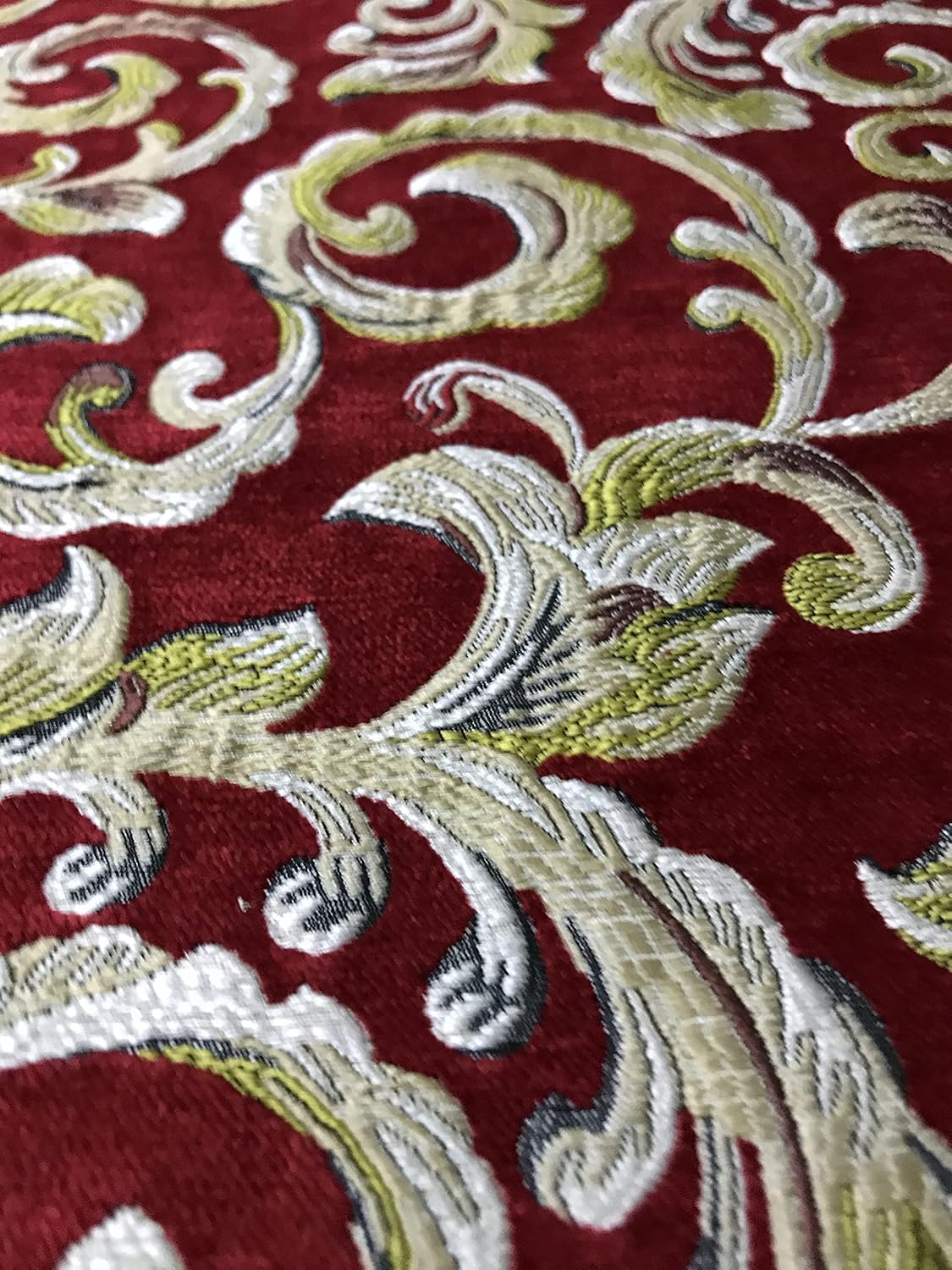 Vintage Retro Floral Vine Scroll Design Premium Chenille Jacquard Fabric for Upholstery, Craft - Width 54 inches - Fabric by The Yard (Red)