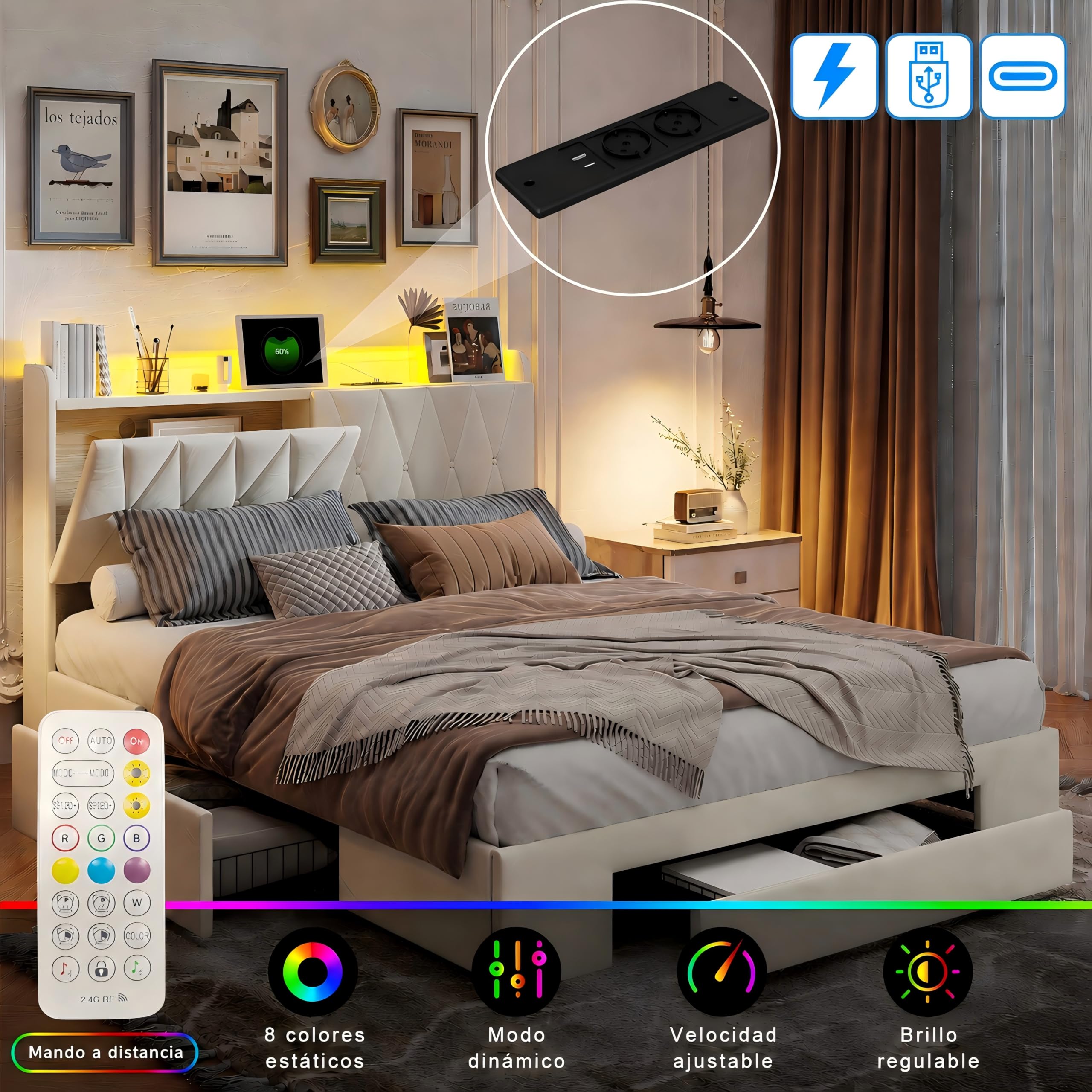 MOTUZP Cama doble tapizada de 140 x 200 cm, cama funcional con luz LED y conexión USB, cajón de cama con cajones, cama juvenil, somier (B-Bbeige+terciopelo, 140 x 200 cm)