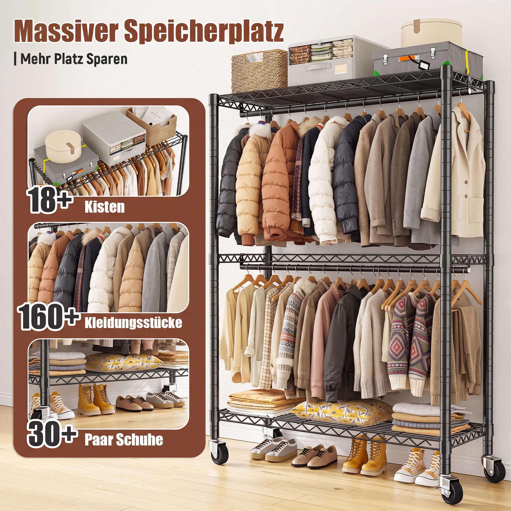 Höhenverstellbarer Kleiderständer auf Rollen mit 2 Kleiderstangen | 90 * 40 * 200cm, Höhe frei einstellbar,200KG Traglast, Kleiderständer mit verstellbare Ablageplatte für Kleidung,Schwarz