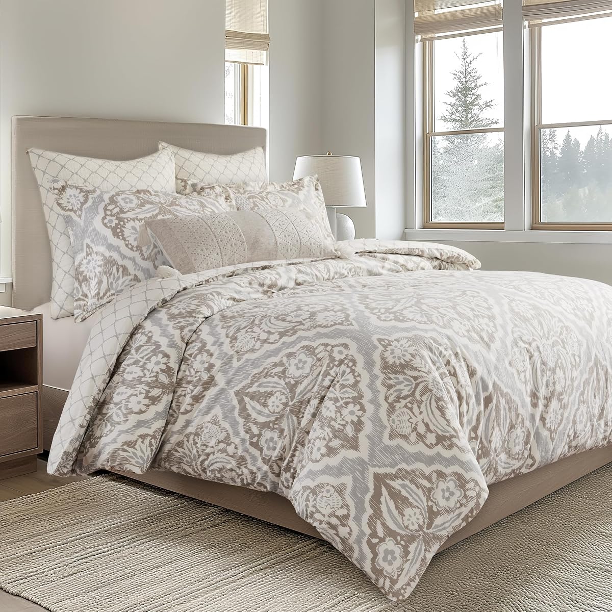 Becker Taupe Duvet Cover Set - King Duvet Cover + Two King Pillow Cases - Ikat - Taupe, Grey and Cream - Duvet Cover (106 x 94in.) and Pillow Cases (36 x 20in.) - Cotton