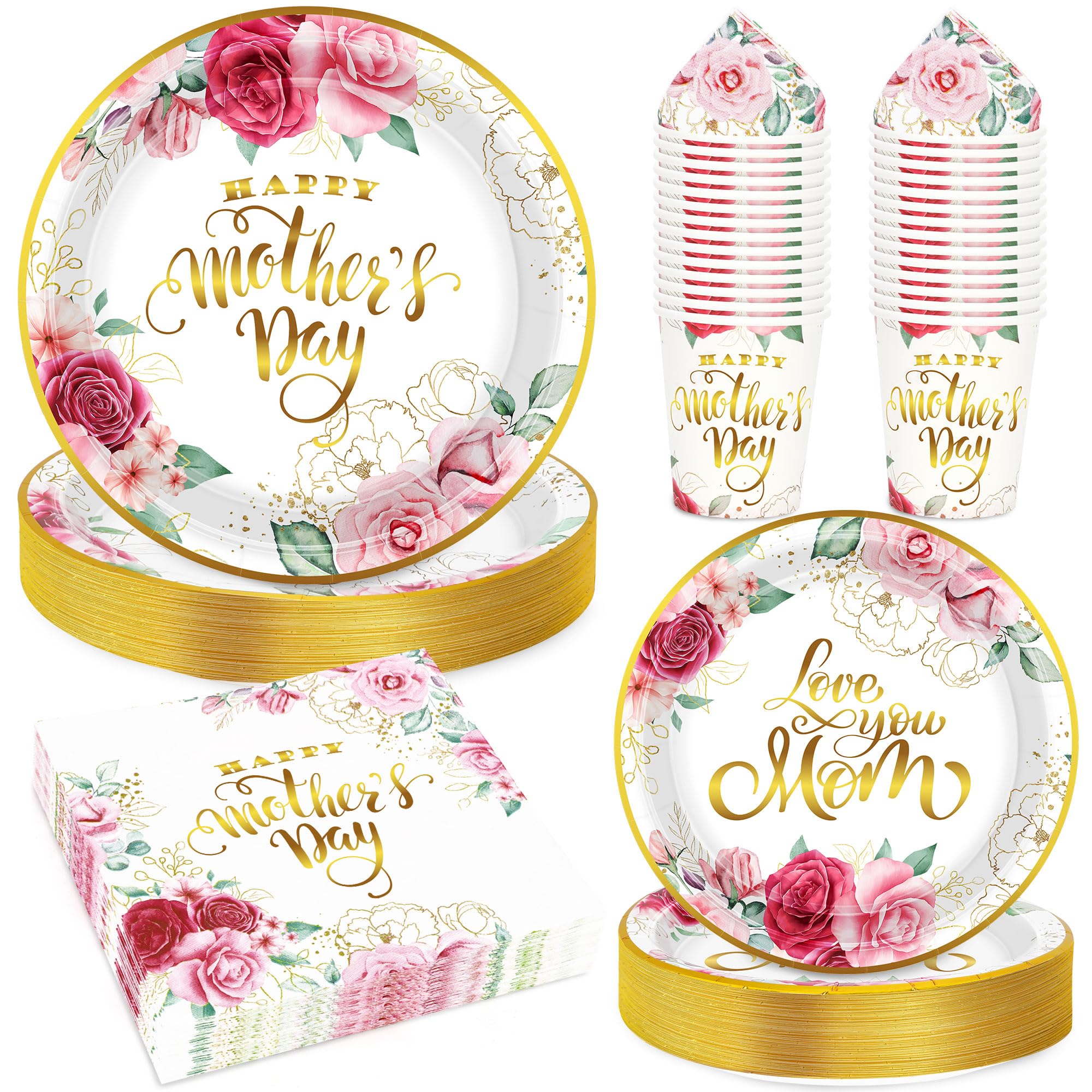 96 PCS Mothers Day Decorations, Serve for 24 Guests 9" Dinner Plates 7" Dessert Plates Paper Cups and Napkins Set, Disposable Paper Plates Happy Mother's Day Dinnerware Tableware Party Supplies