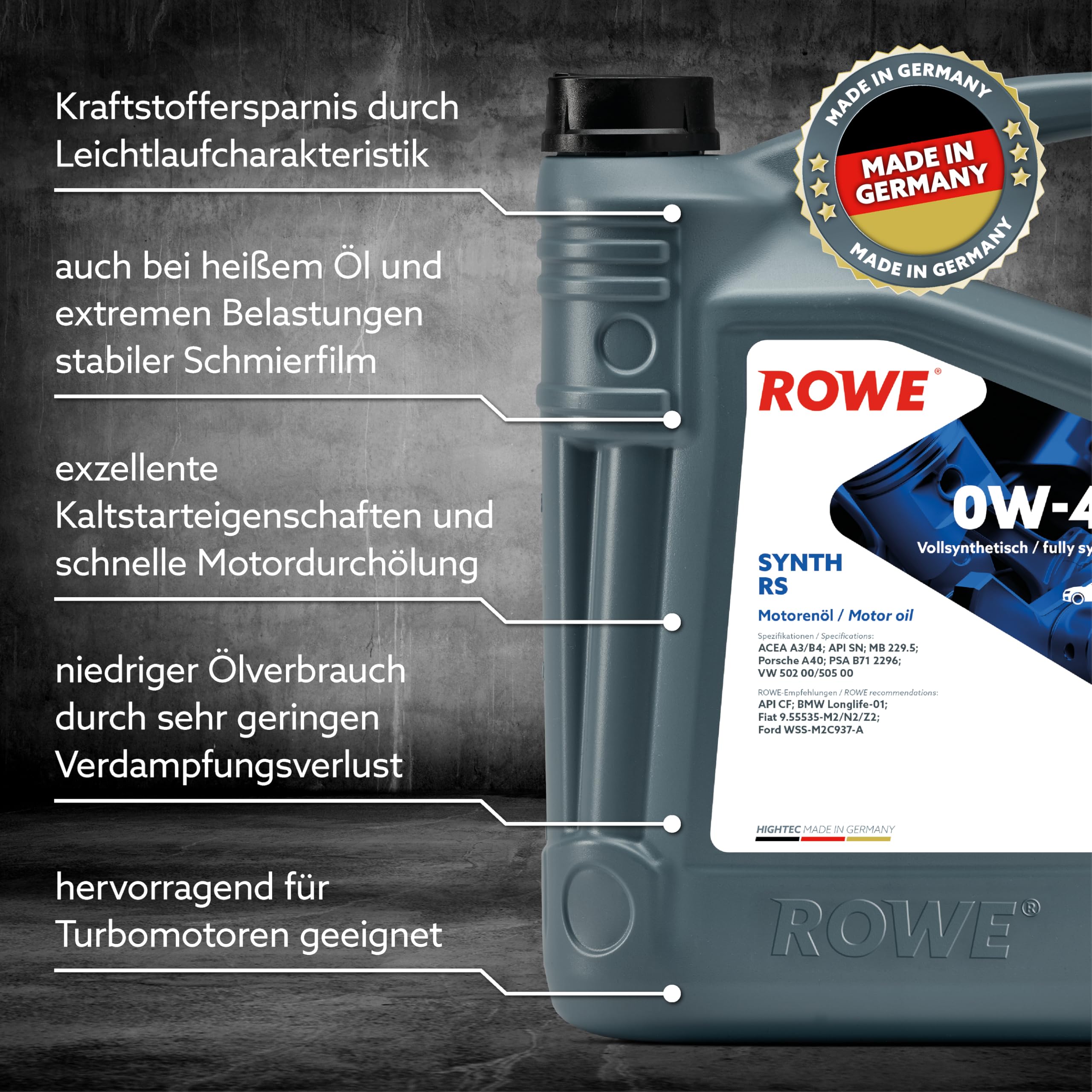 ROWE Aceite de motor 0W-40 HIGHTEC Aceite completamente sintético ACEA A3/B4 API SN SYNTH RS 5L Compatible con VW Polo V Hatchback 6R1, 6C1 up! Hatchback 121, 122, BL1, BL2, BL3, 123, PEUGEOT, SKODA